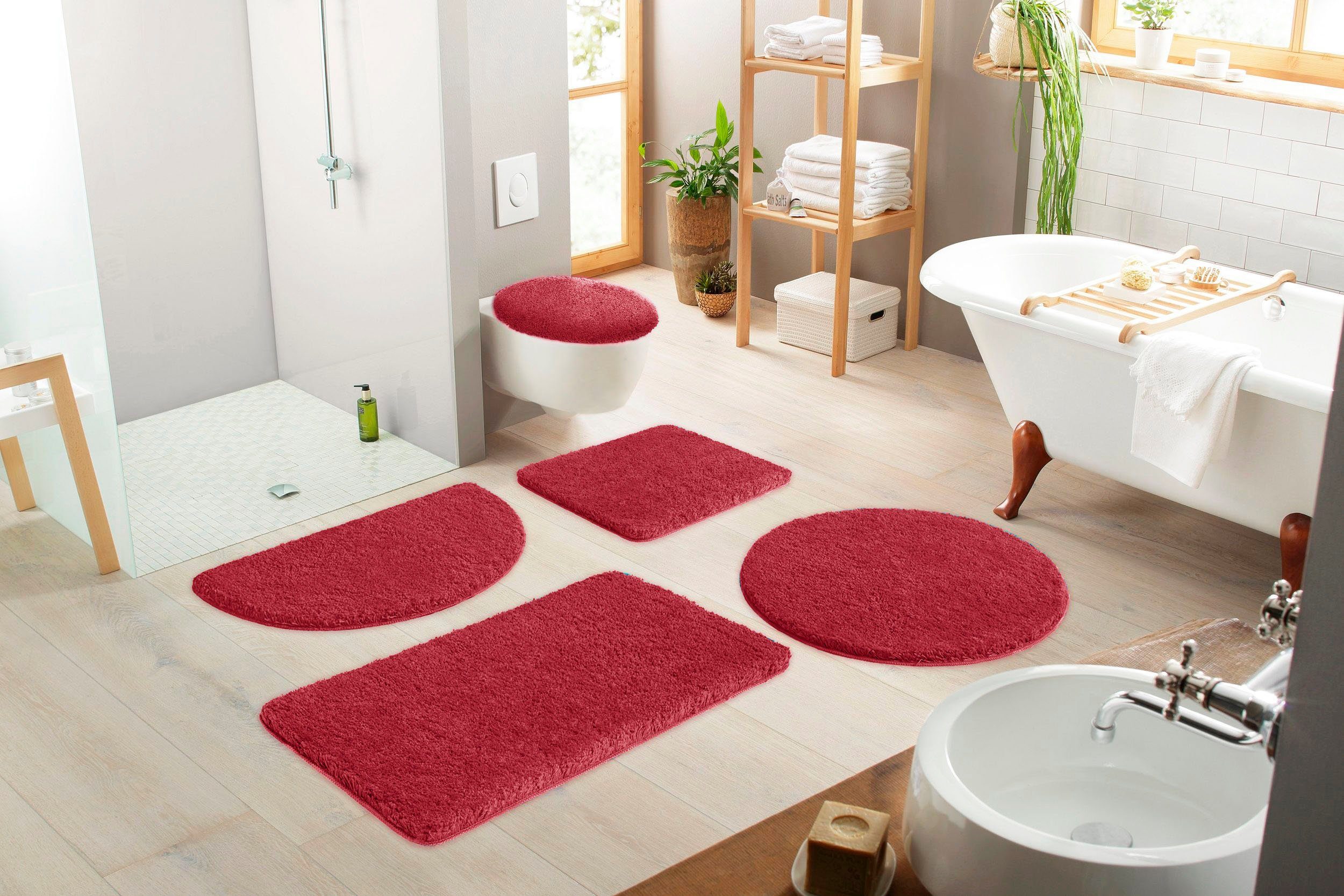 Badematte Sanremo my home, Höhe 30 mm, rutschhemmend beschichtet, fußbodenheizungsgeeignet, schnell trocknend, strapazierfähig, Polyester, rechteckig, Badteppich, unifarben, rechteckig, rund & als 3-tlg. Set erhältlich