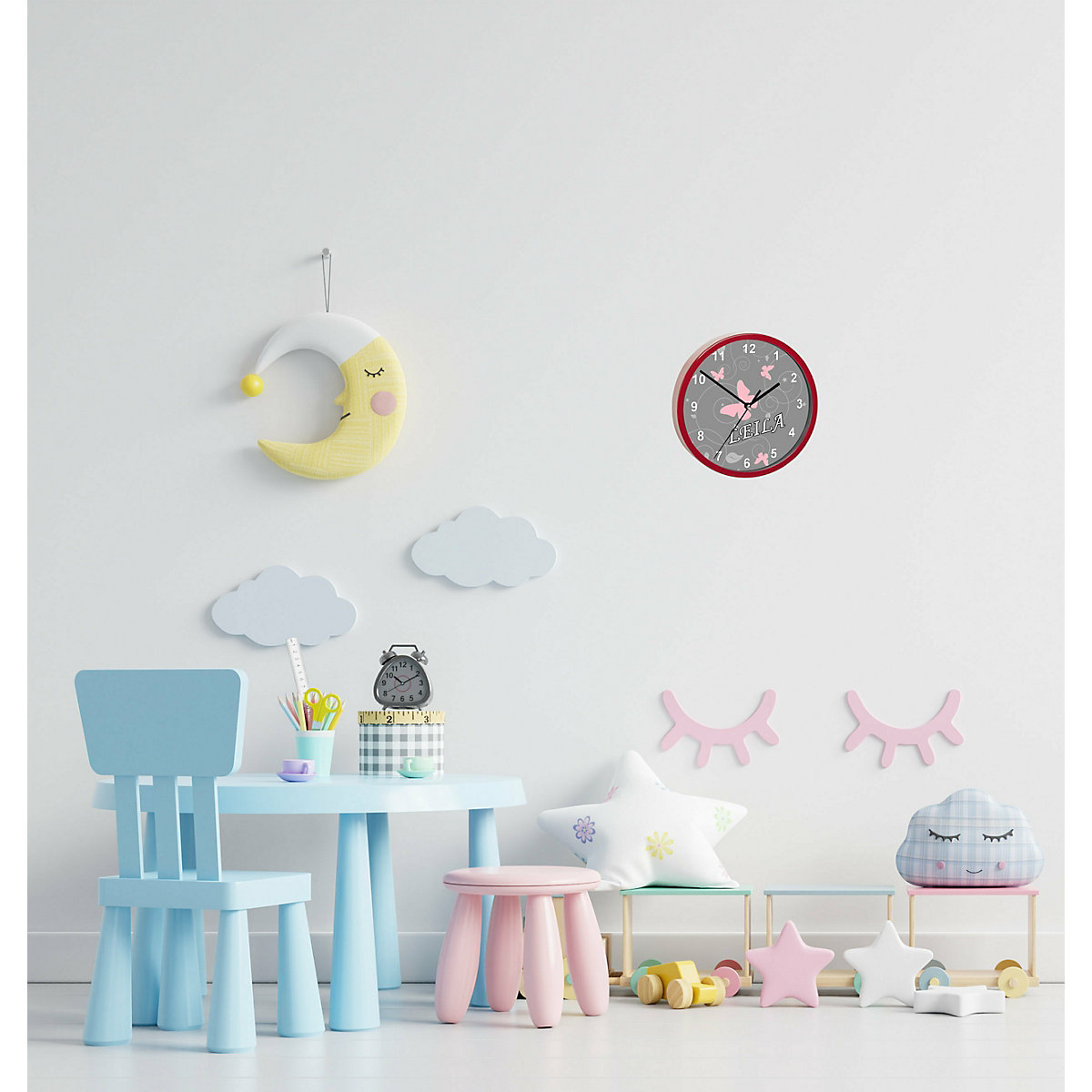 Kinder Wanduhr personalisiert mit Name Schmetterling Ornamente pink weiß grau