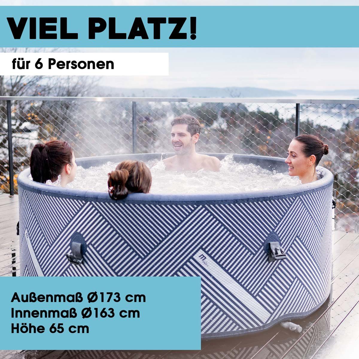 mSpa Whirlpool BRAST aufblasbar Naval für 6 Personen Ø173x65cm In- Outdoor Pool, (Isolierende Bodenmatte Timer Heizung Bubble Spa Wellness Massage, 138 Massagedüsen inkl. aufblasbare Thermoabdeckung)