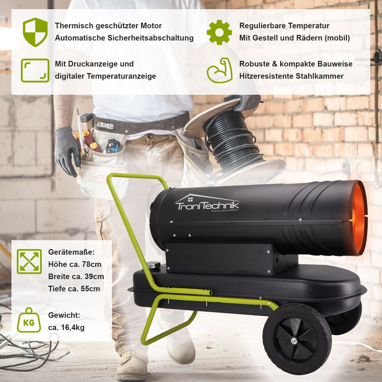 TroniTechnik TT-HK-242 Heizkanone Dieselkanone Heizlüfter 20kW mit Handgriff, Rohrrahmen und Rädern