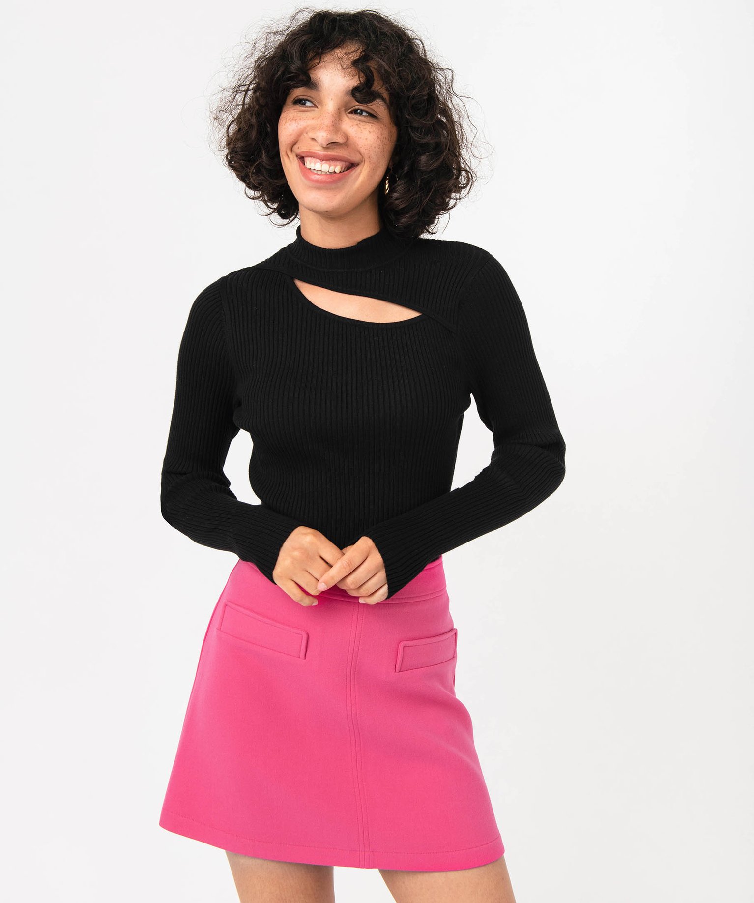 Pull ctelé à col montant avec ouverture buste femme noir | GEMO