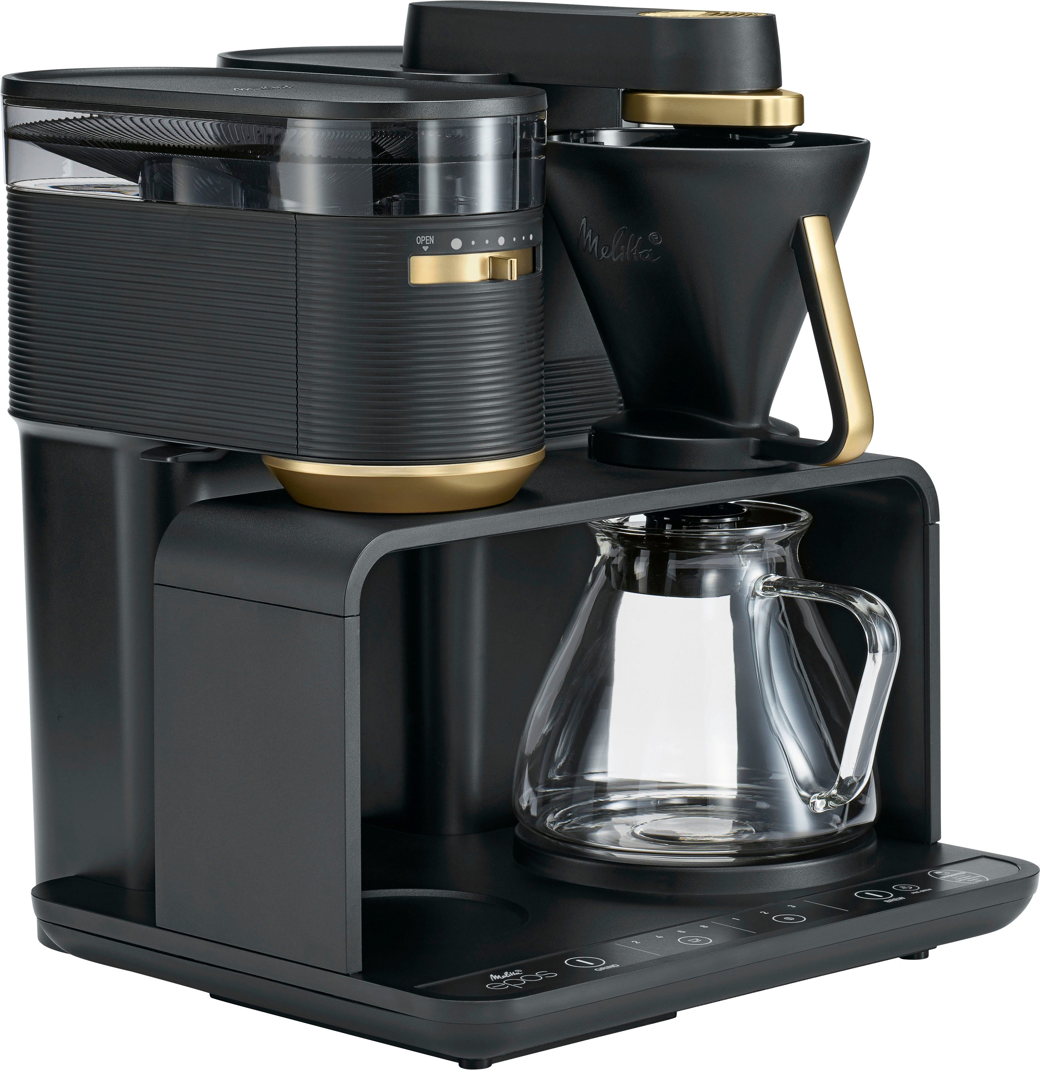 Melitta Kaffeemaschine mit Mahlwerk EPOS® 1024-04, 1l Kaffeekanne, Papierfilter 1x4, Schwarz/Gold, 360°rotierender Wasserauslauf
