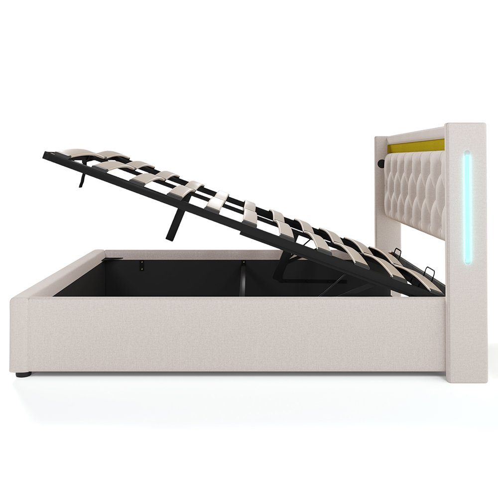 PHOEBE CAT Polsterbett (140x200cm Hydraulisches Doppelbett mit Lattenrost und LED-Beleuchtung), Stauraumbett mit USB Typ C Ladefunktion Kopfteil, Baumwolle-Leinen