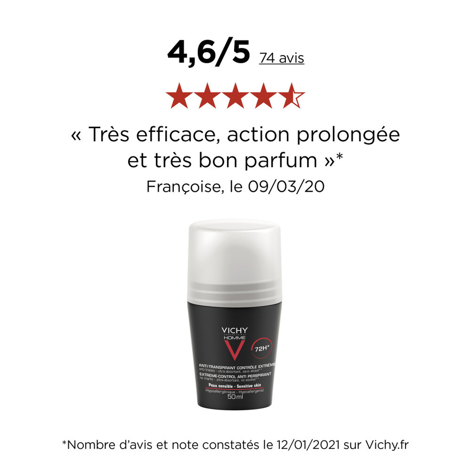 Vichy Anti-Transpirant 72H pour Homme Roll-On 2x50 ml