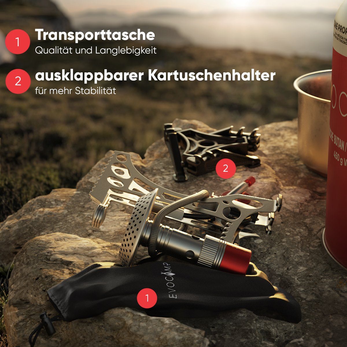 EVOCAMP Gaskocher Mini 3.2 kW mit Piezo-Zünder, ideal für Outdoor, Camping Stove, ohne Gaskartuschen