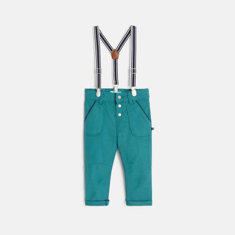 Pantalon modulable coton fantaisie à bretelles bleu bébé garçon