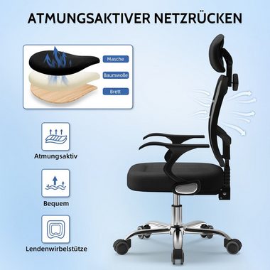 Authmic Bürostuhl Bürostuhl, Drehstuhl, Schreibtischstuhl, Chefsessel, (Bürostuhl ergonomisch mit verstellbarer Armlehnen, Lendenwirbelstutze, Atmungsaktiver Netzstuhl), Wippfunktion von 90° bis 135°, Bürostuhl 150kg
