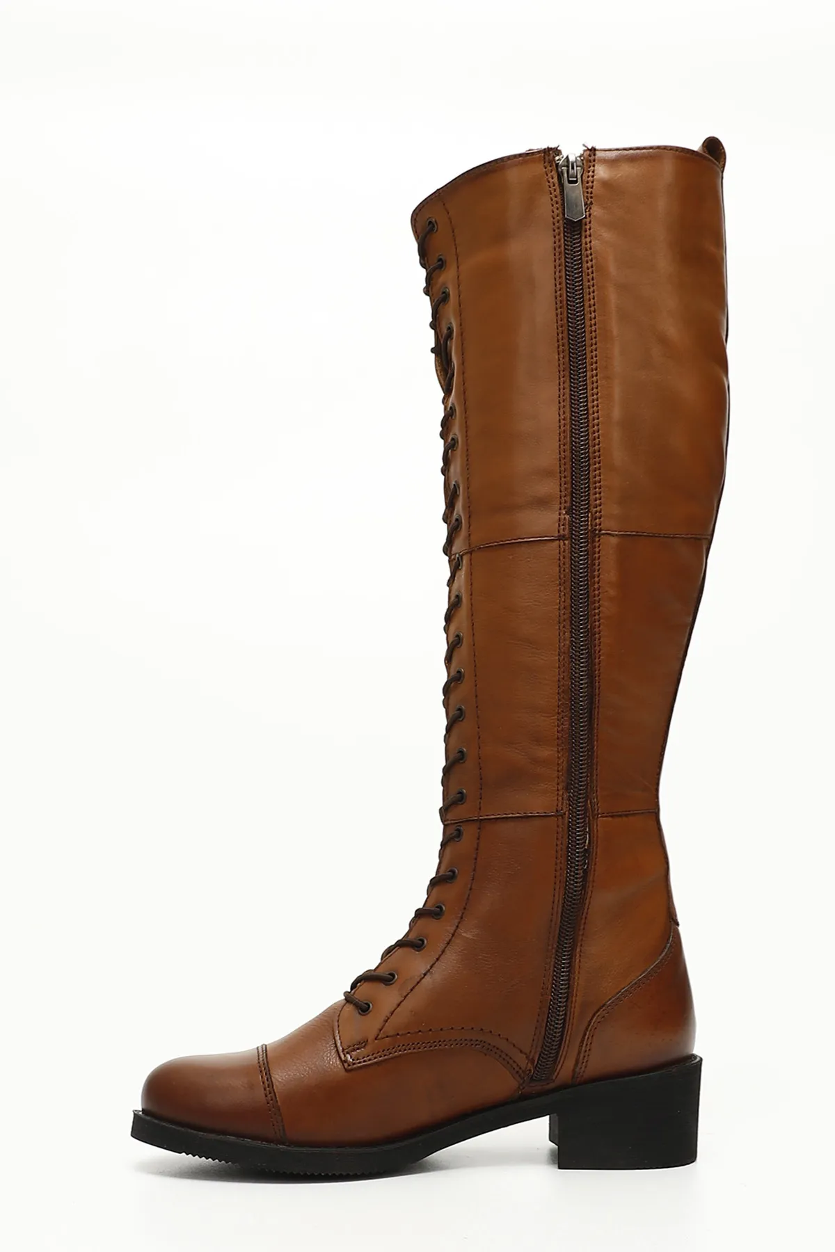 GÖNDERİ(R)  Hellbraune Antik-Gön-Damenstiefel aus echtem Leder mit runder Zehenpartie, Gummisohle und Absatz zum Schnüren für den Alltag 46577