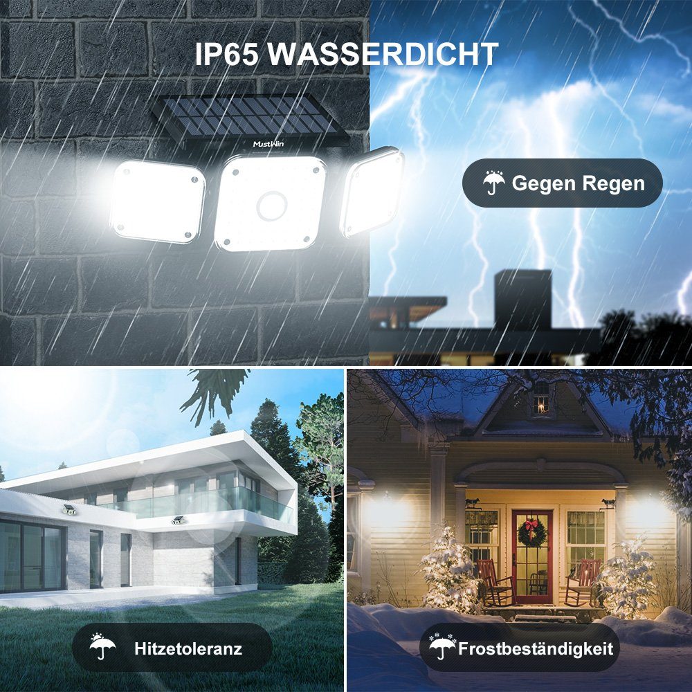 Mustwin LED Solarleuchte Solarleuchte LED Solarlampe Fluter für Außen Garten 3-Kopf / 4-Kopf, LED fest integriert, Kaltweiß, 112 LEDs Außen Wandleuchte, mit Bewegungsmelder, 3 Modi