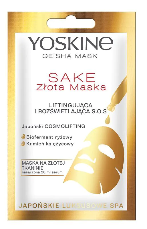 Yoskine Gejša maska Zlatna maska na tkanini, sake