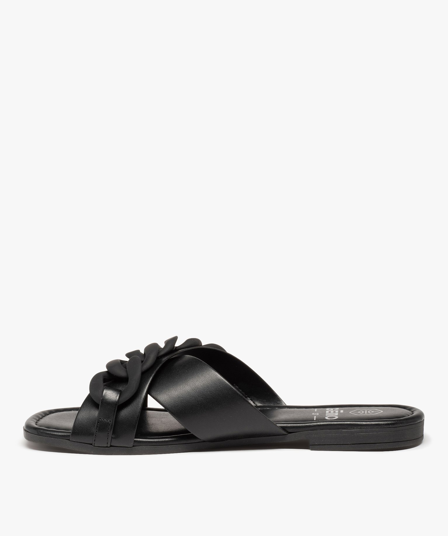 Mules femme à talon plat avec maillons de chane mats noir | GEMO