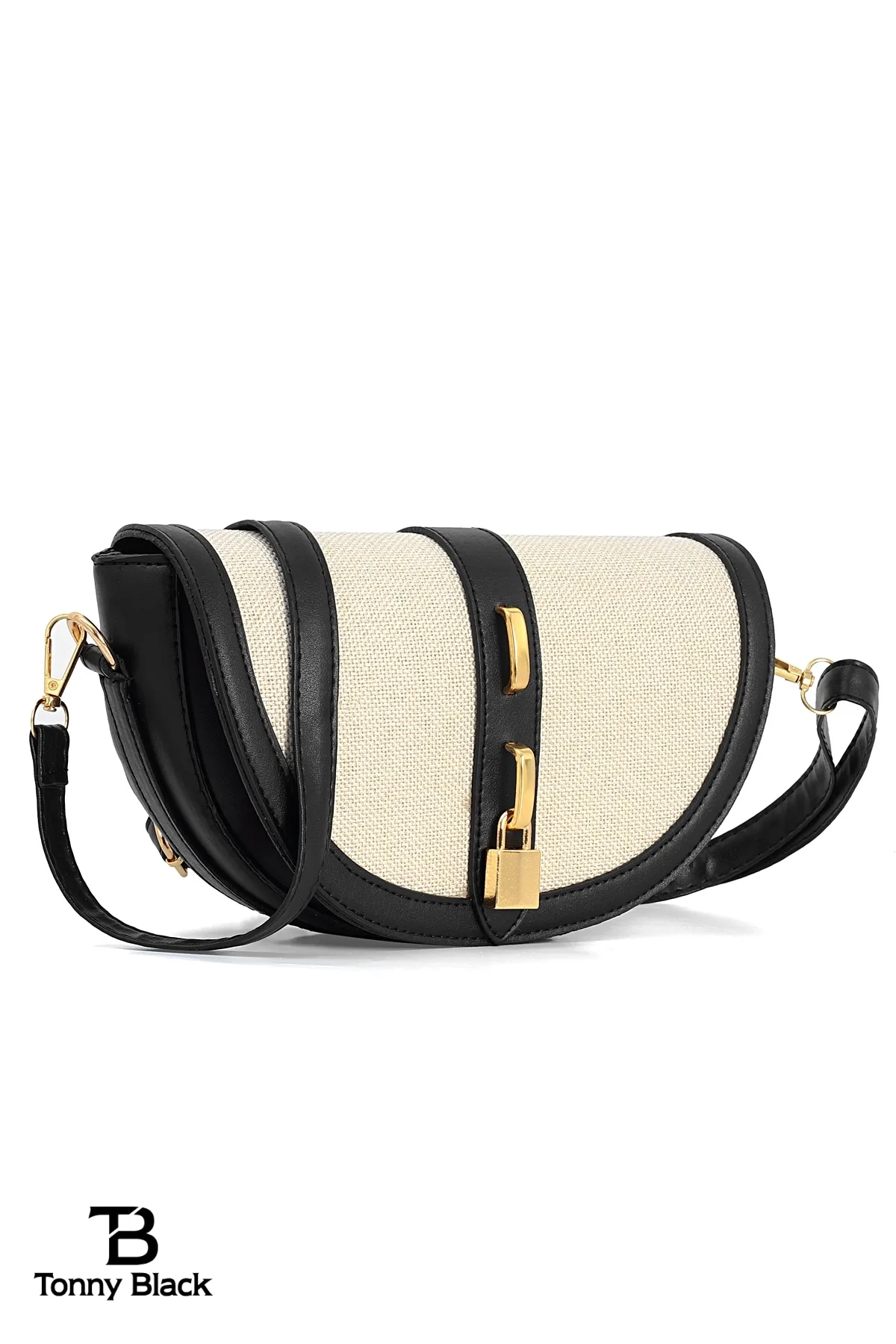 Tonny Black  Original Cross Strap Schwarz Creme Kontrast Design Stilvolle minimalistische Hand- und Schultertasche mit Schloss-Accessoire