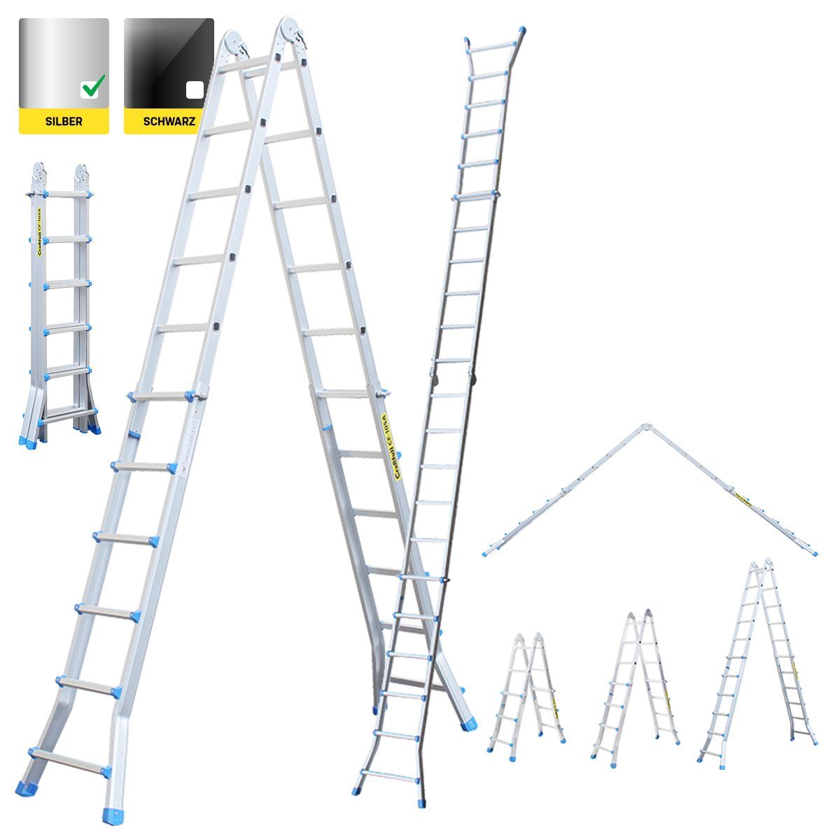 Craftfull Teleskopleiter 4in1 Treppenleiter CF-105A - 3 Jahre Garantie - 2,9-6,25 m - Aluminium (150 kg Traglast - Mehrzweckleiter Alu Stehleiter bis 150 kg - Anlegeleiter - Trittleiter - Wandleiter - Arbeitsbühne - Haushaltsleiter - Ausziehleiter -