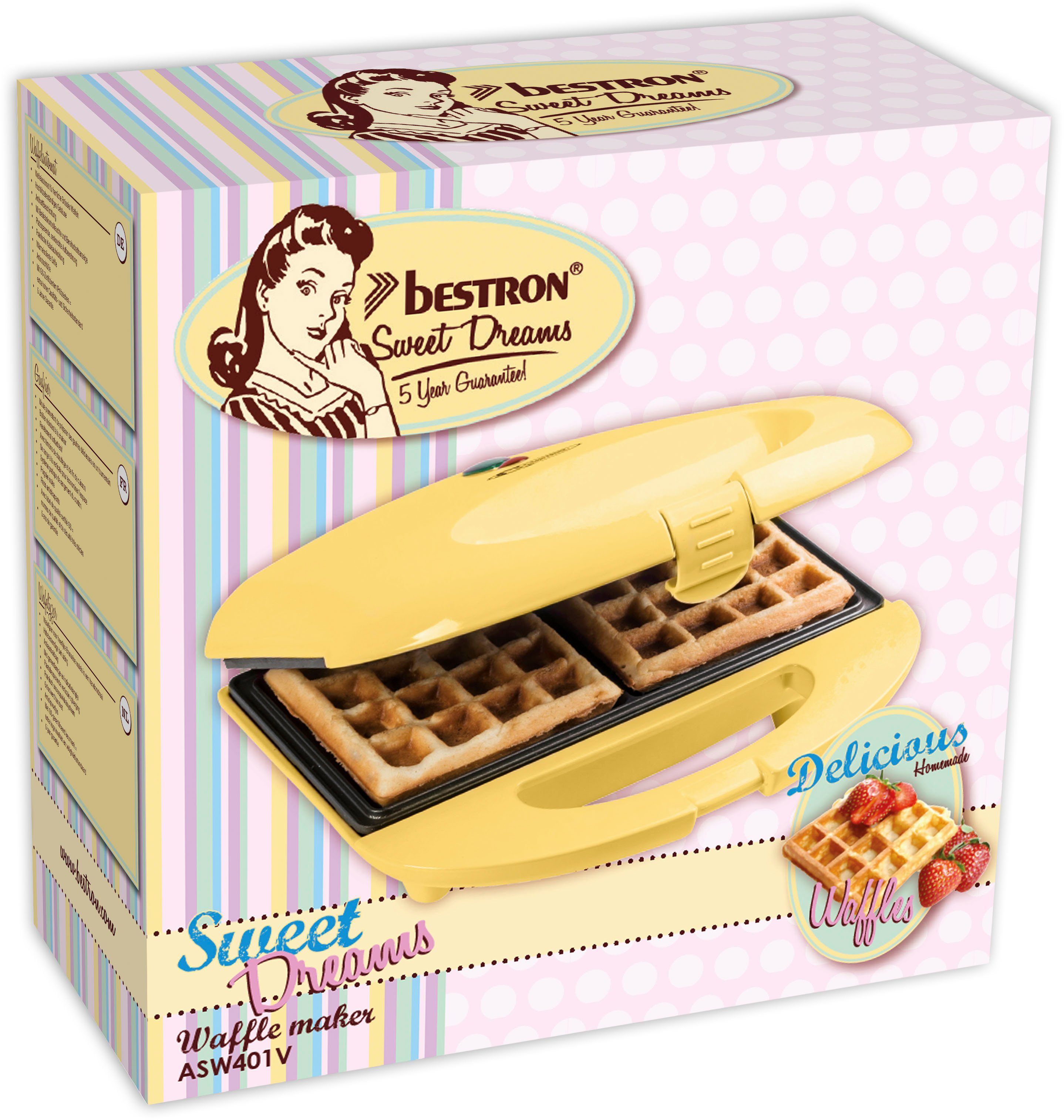 bestron Waffeleisen ASW401V Brüsseler Waffeleisen im Retro Design, 700 W, mit Antihaftbeschichtung & Backampel, Gelb