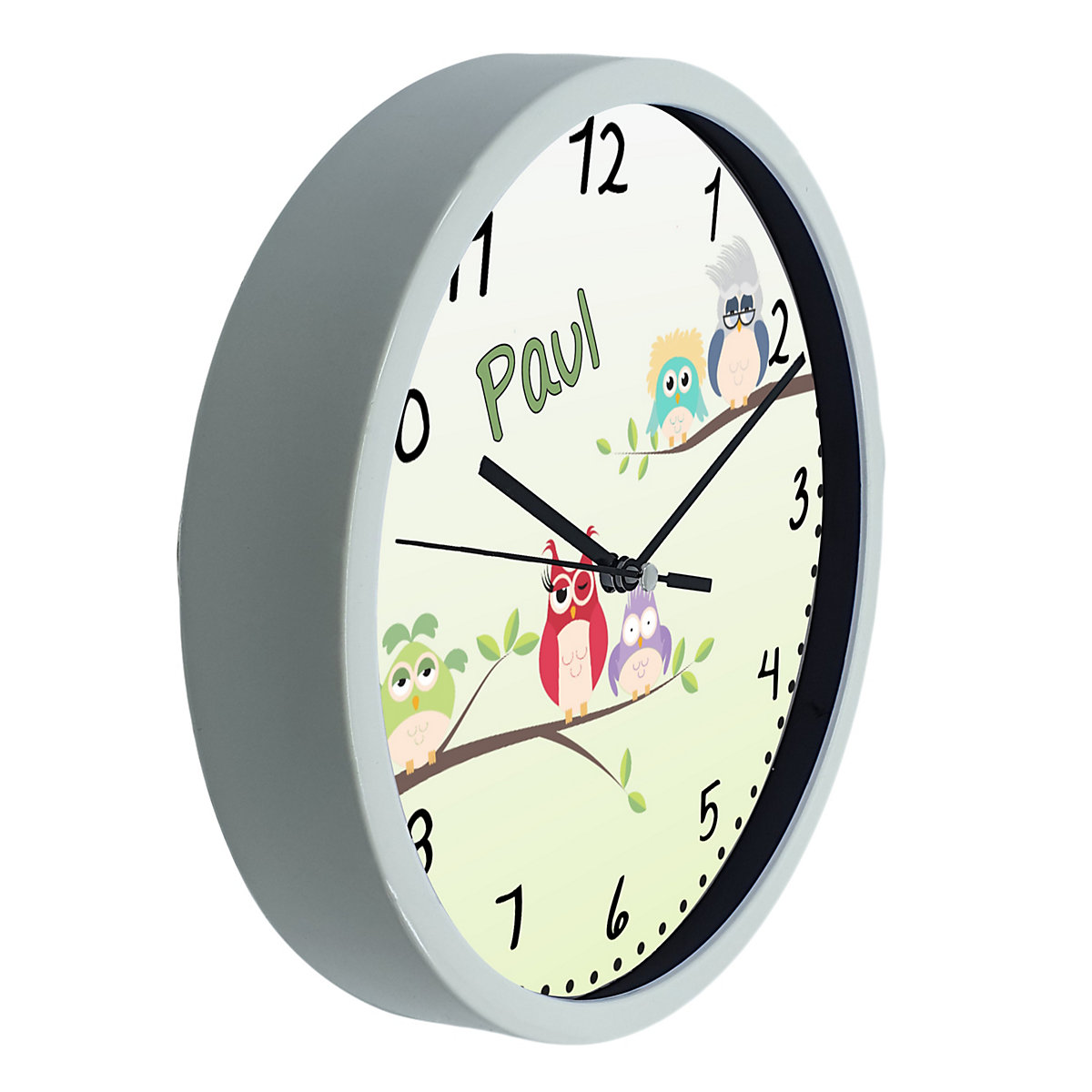 Kinder Wanduhr personalisiert mit Name Eulenfamilie