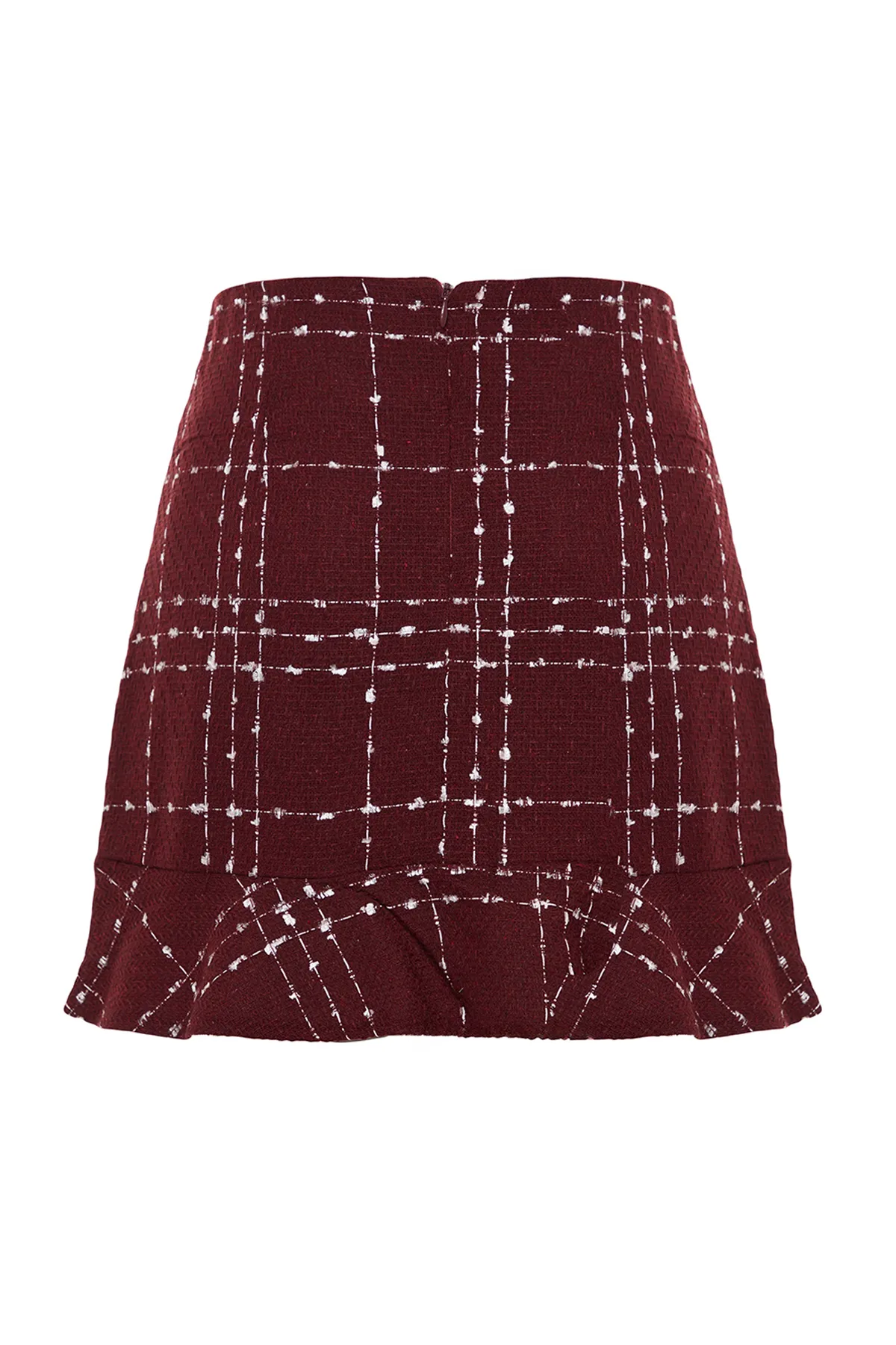Trendyol Collection  Burgunderroter geknöpfter Tweed-Stoffrock mit Volantspitze und Mini-Webrock TWOAW22ET0155