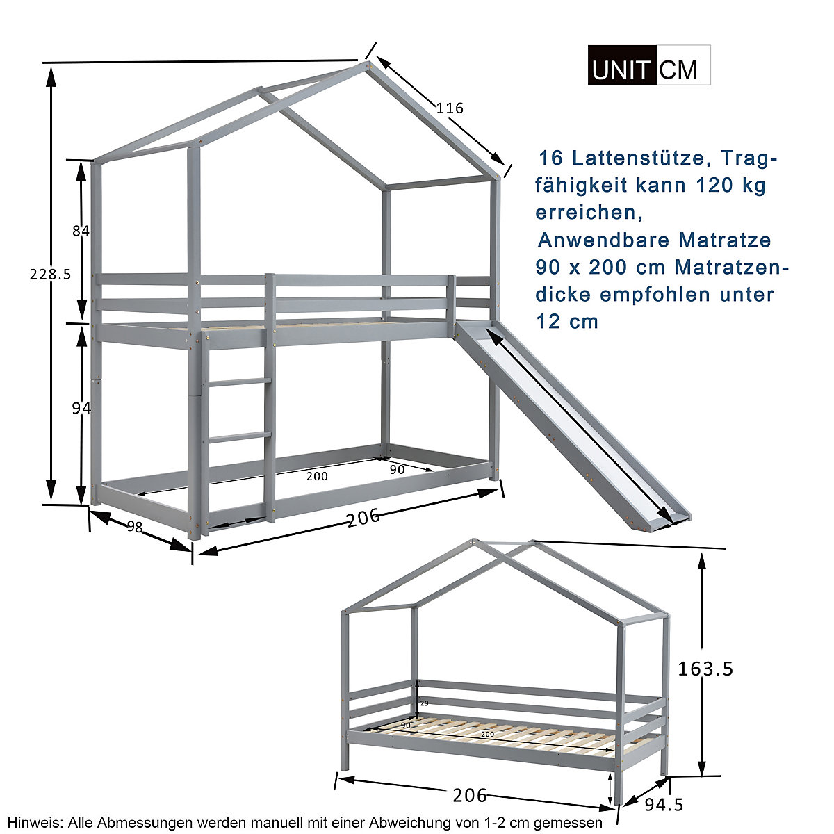 Etagenbett 90x200cm mit Rutsche und Leiter inkl. 2 Liegeflächen, Hochbett Hausbett