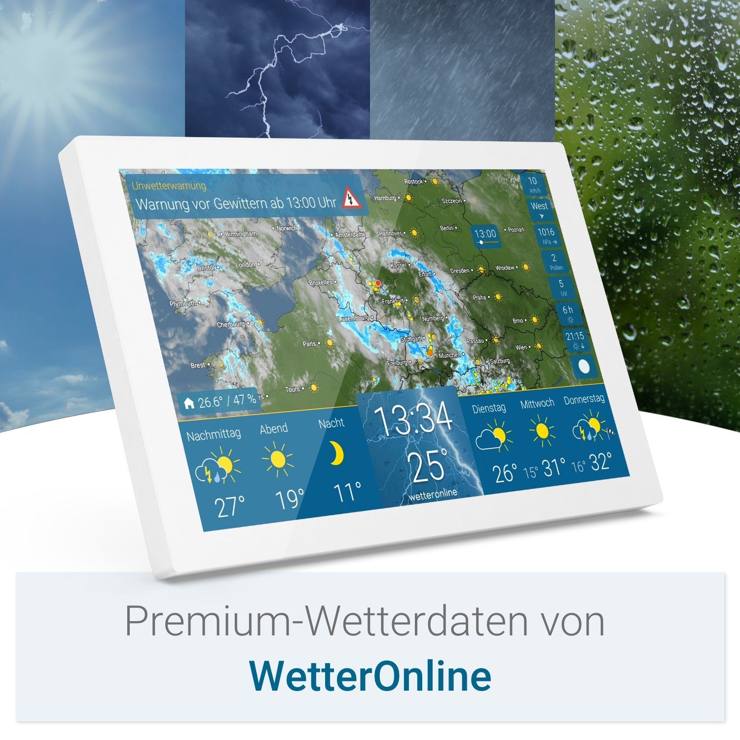 WetterOnline wetteronline home 3 – WetterDisplay mit WetterRadar – mit Innen-Sensor Wetterstation (inkl. Netzteil, USB-Kabel und Schnellstart-Anleitung, neuem Raumklima-Sensor und Premium-Wetterdaten von WetterOnline)