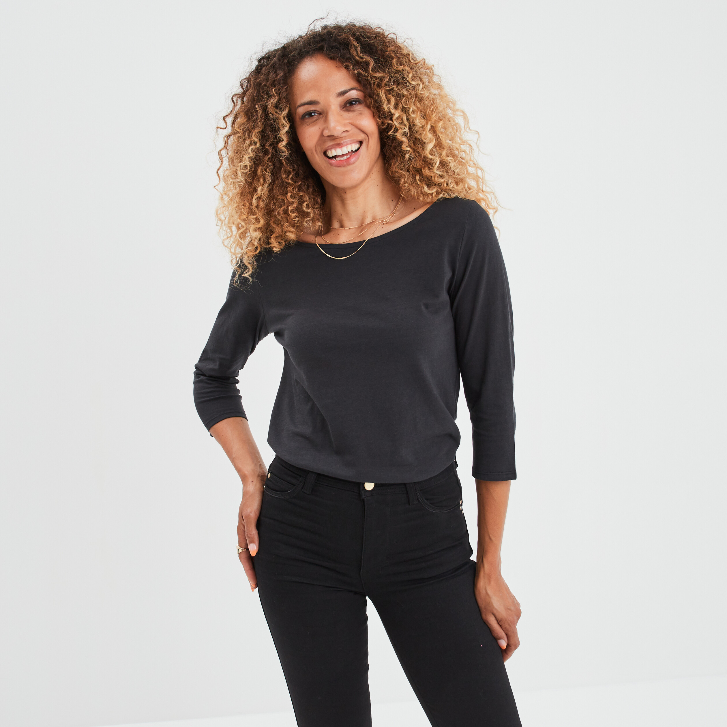 T-shirt col bateau manches 3 4 noir femme | La Halle