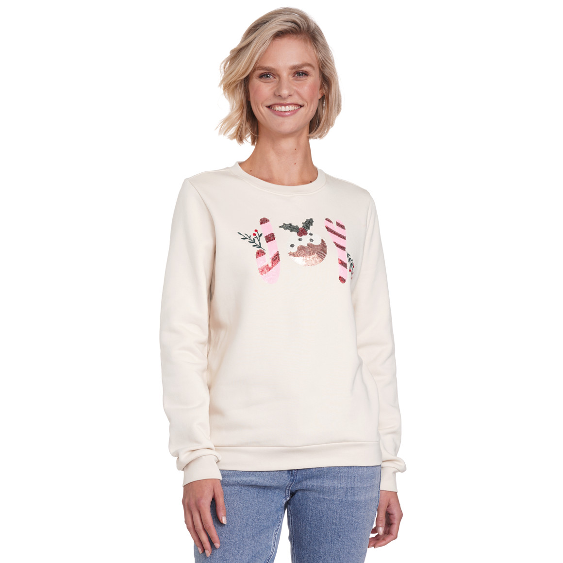 Damen Weihnachtssweatshirt mit Applikation cremeweiss