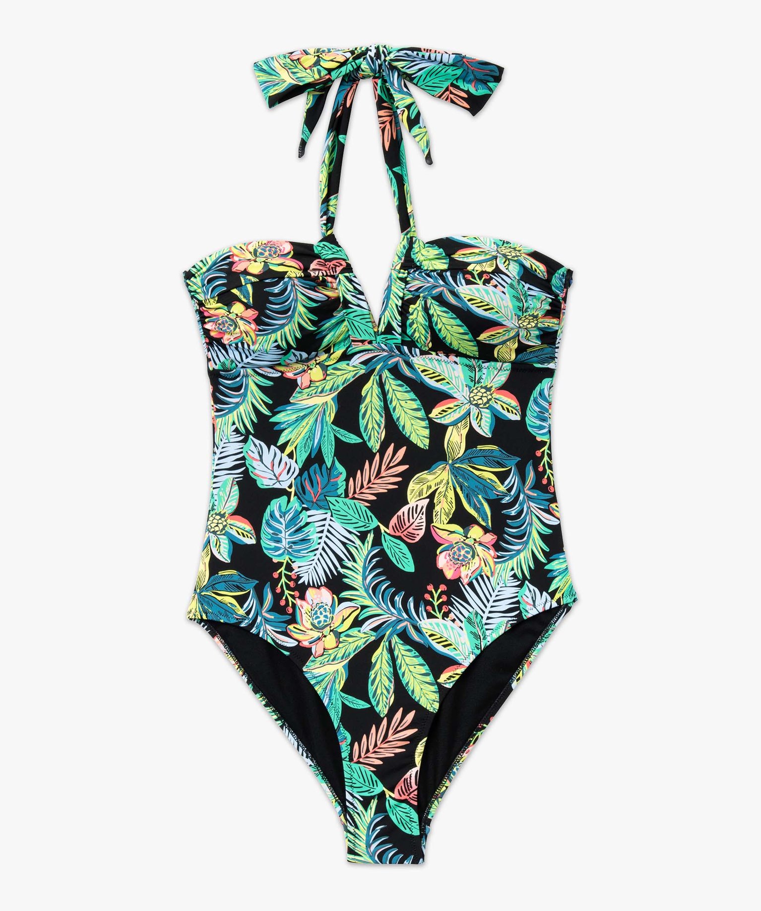Maillot de bain femme 1 pièce bandeau avec liens tour de cou imprime | GEMO