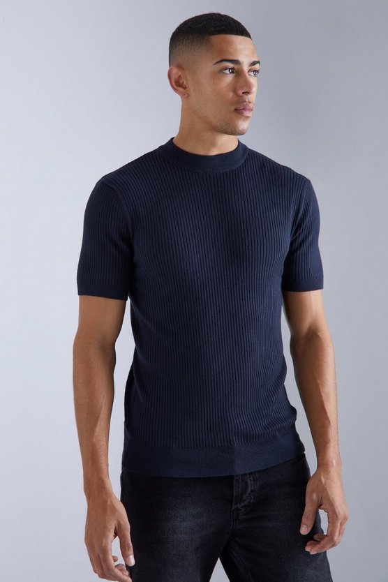 Recycelter gerippter Rollkragenpullover mit kurzen Ärmeln