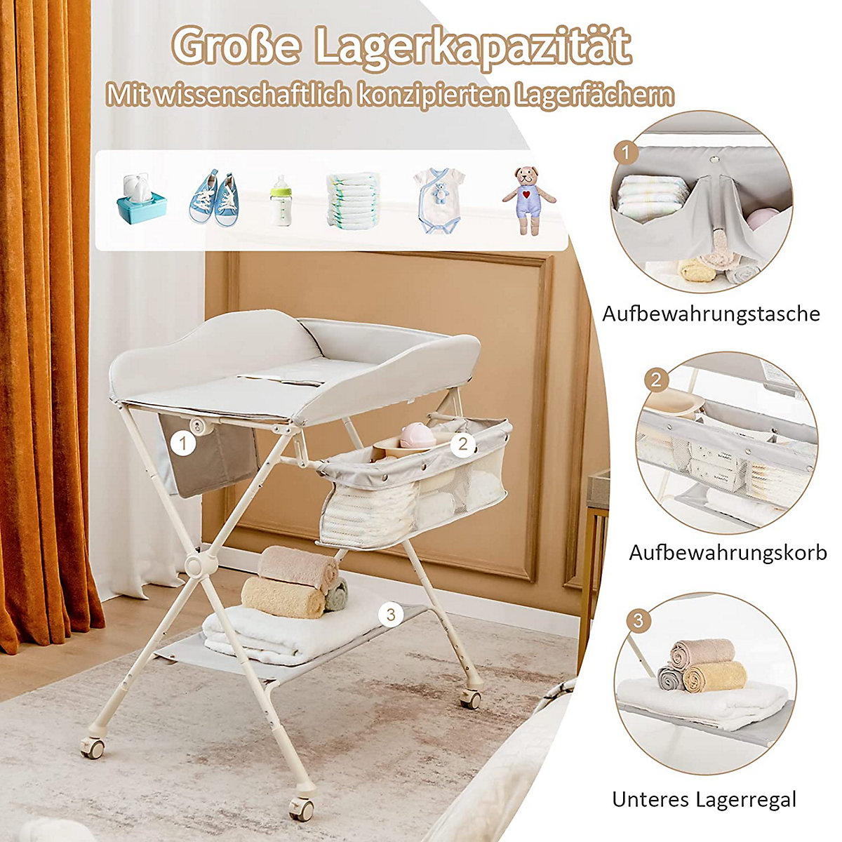 Wickeltisch Klappbar mit Wasserbecken & Rädern Wickelkommode