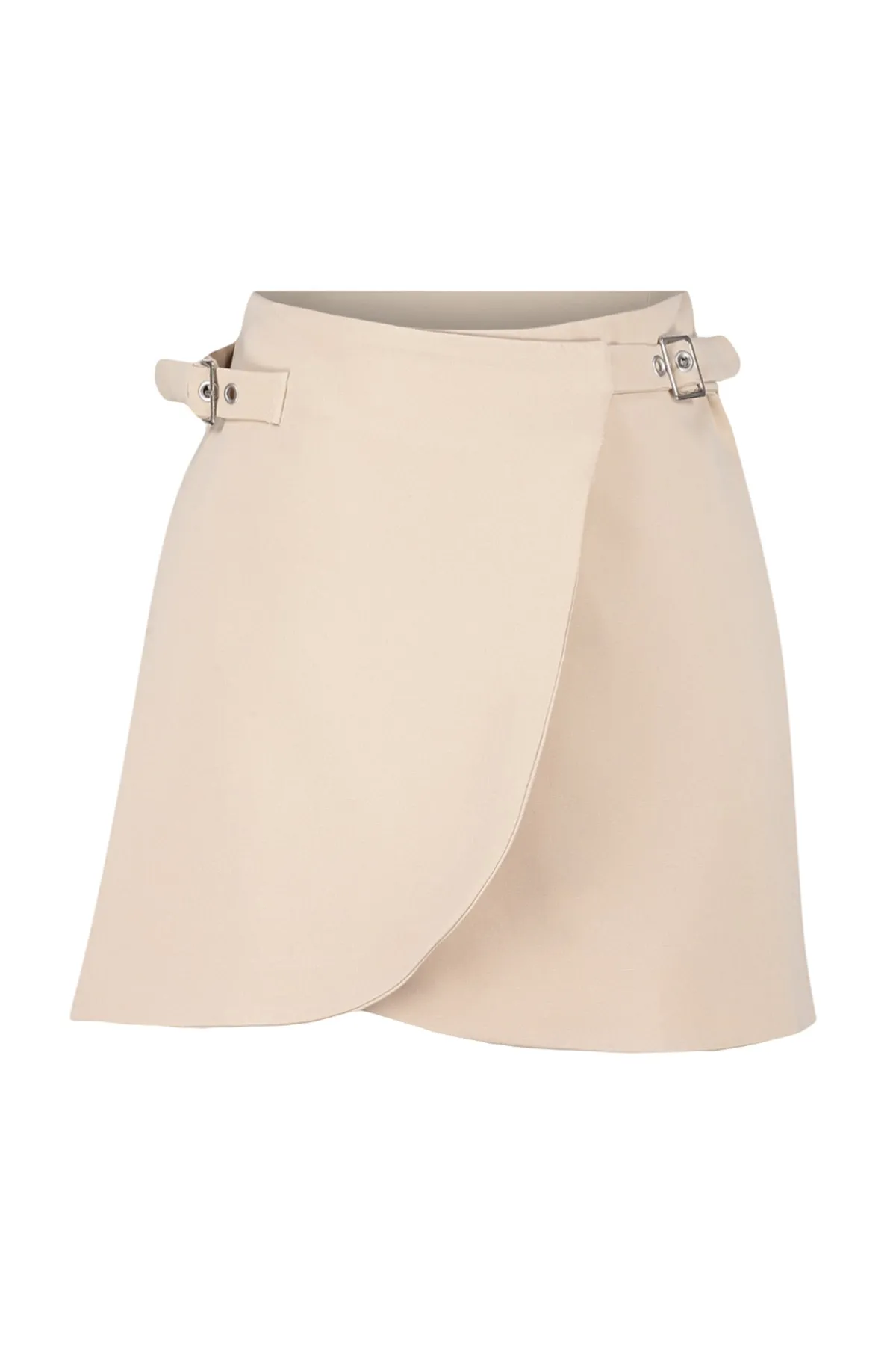 Trendyol Collection  Beiger zweireihiger Minirock aus Webstoff mit Gürtel TWOSS23ET00158