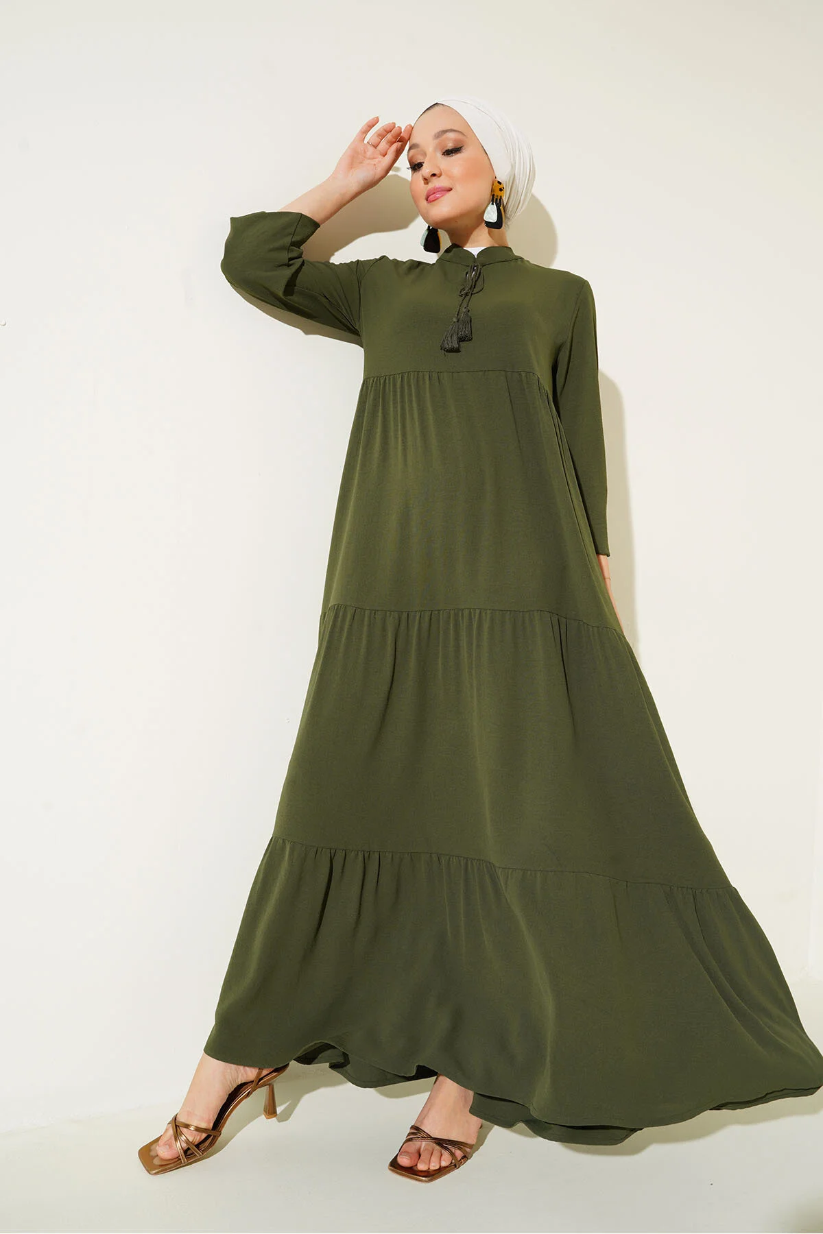 Bigdart  1627 Hijab-Kleid mit Kragen und Schnürung – D.Khaki