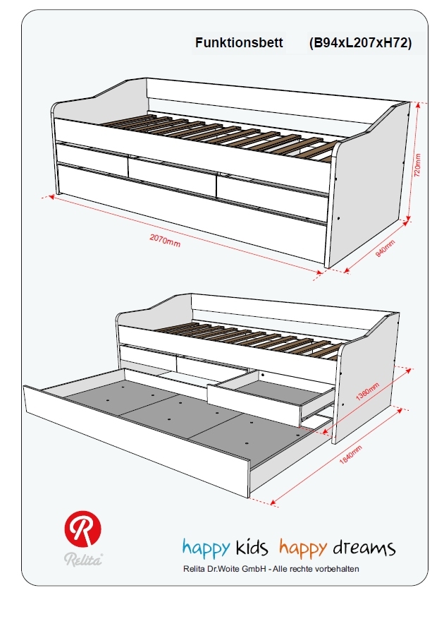 Relita Funktionsbett JILL 90x200 ohne Lattenrost, 3 Schubladen u. Bettschublade Artisan Dekor