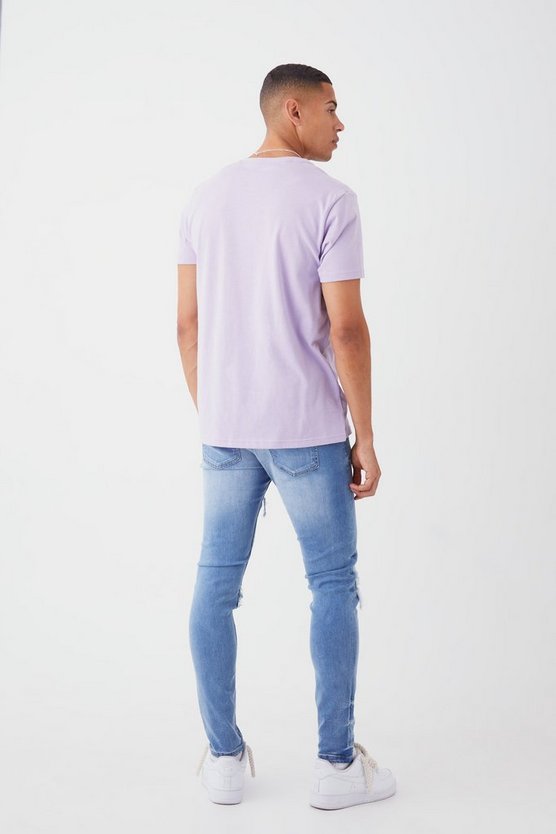 Lila Skinny Stretch PU Bikerjeans mit Rissen