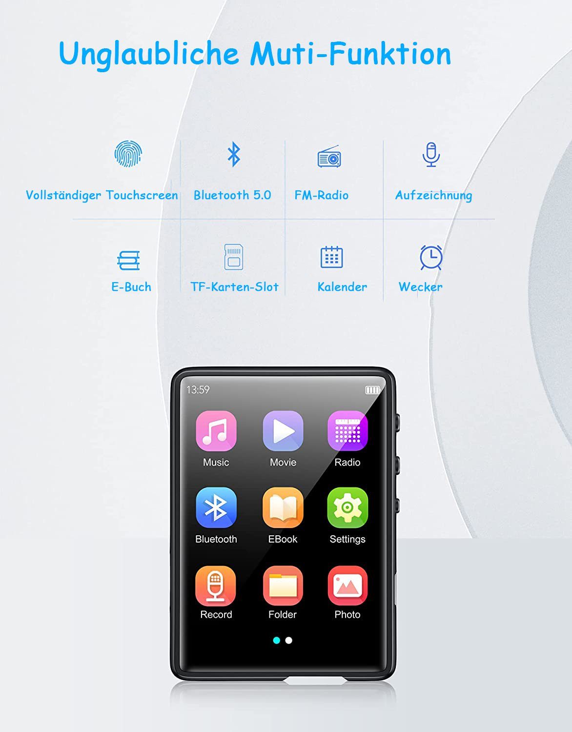 GelldG MP3-Player 16GB MP3 Player Bluetooth 5.0, Touchscreen HiFi MP3-Player