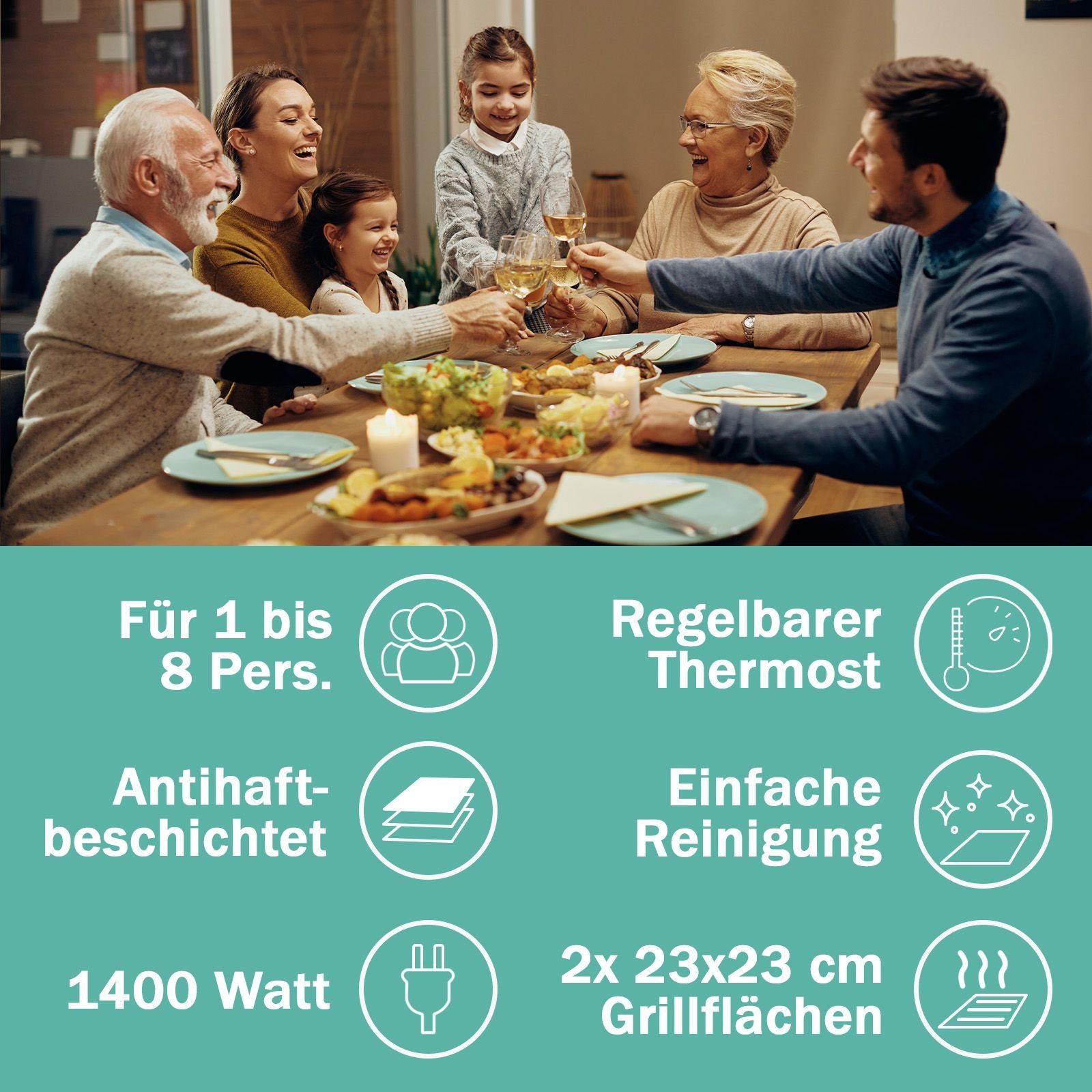 bmf-versand Raclette Raclette 8 Personen Tischgrill Elektrogrill Heißer Stein, 8 Raclettepfännchen, 1400,00 W, 2in1: Raclette, Heißer Stein und Tischgrill, Thermostat