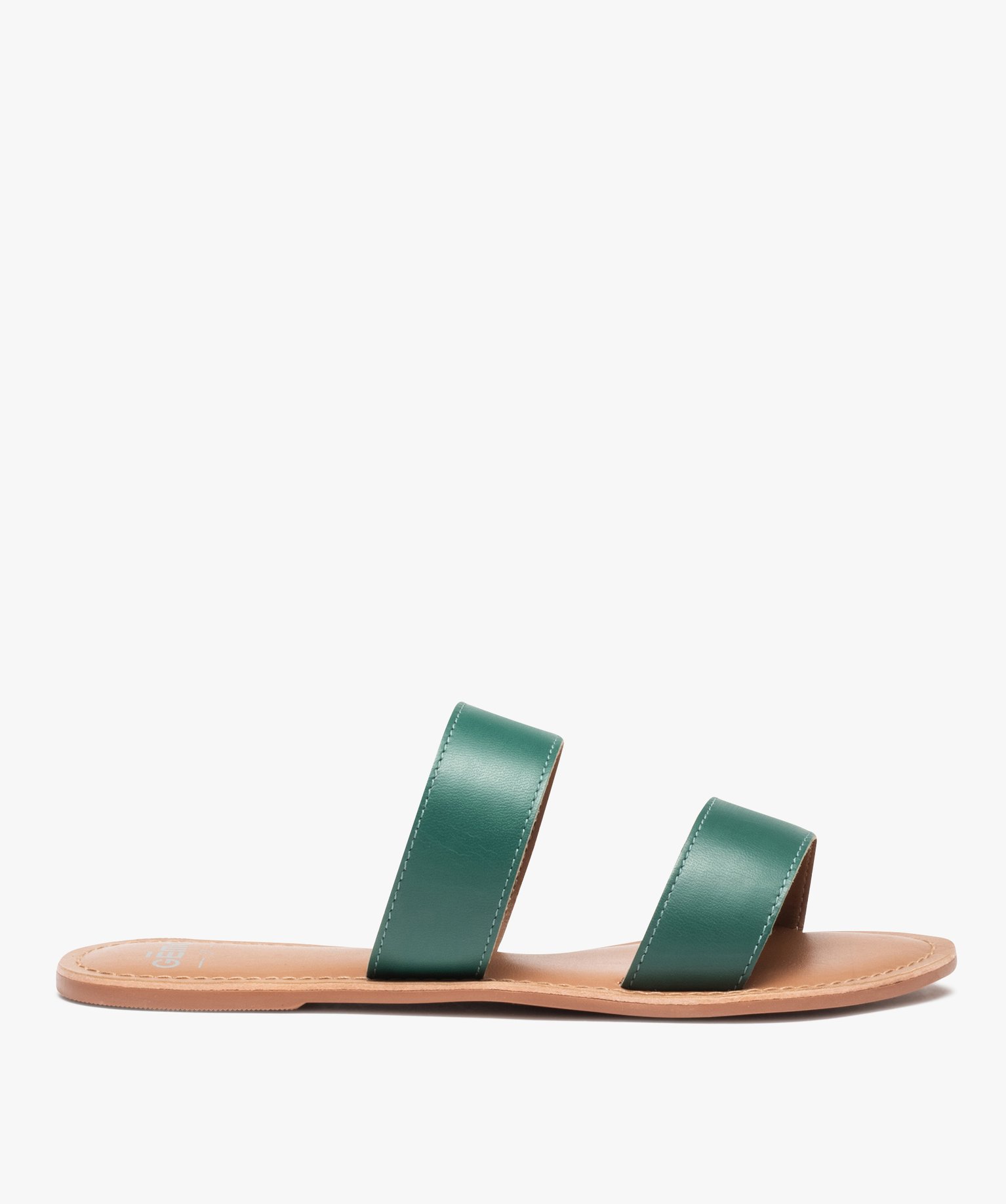 Mules femme plates à larges brides dessus cuir uni vert | GEMO