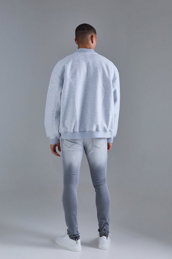 Skinny Stretch Stacked Ripped Carpenter Zip Hem Jeans In Grey
