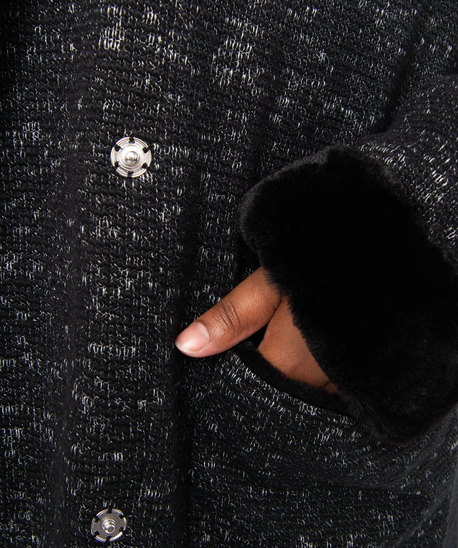 Manteau en maille bouclette et détails duveteux femme grand... gris fonce | GEMO