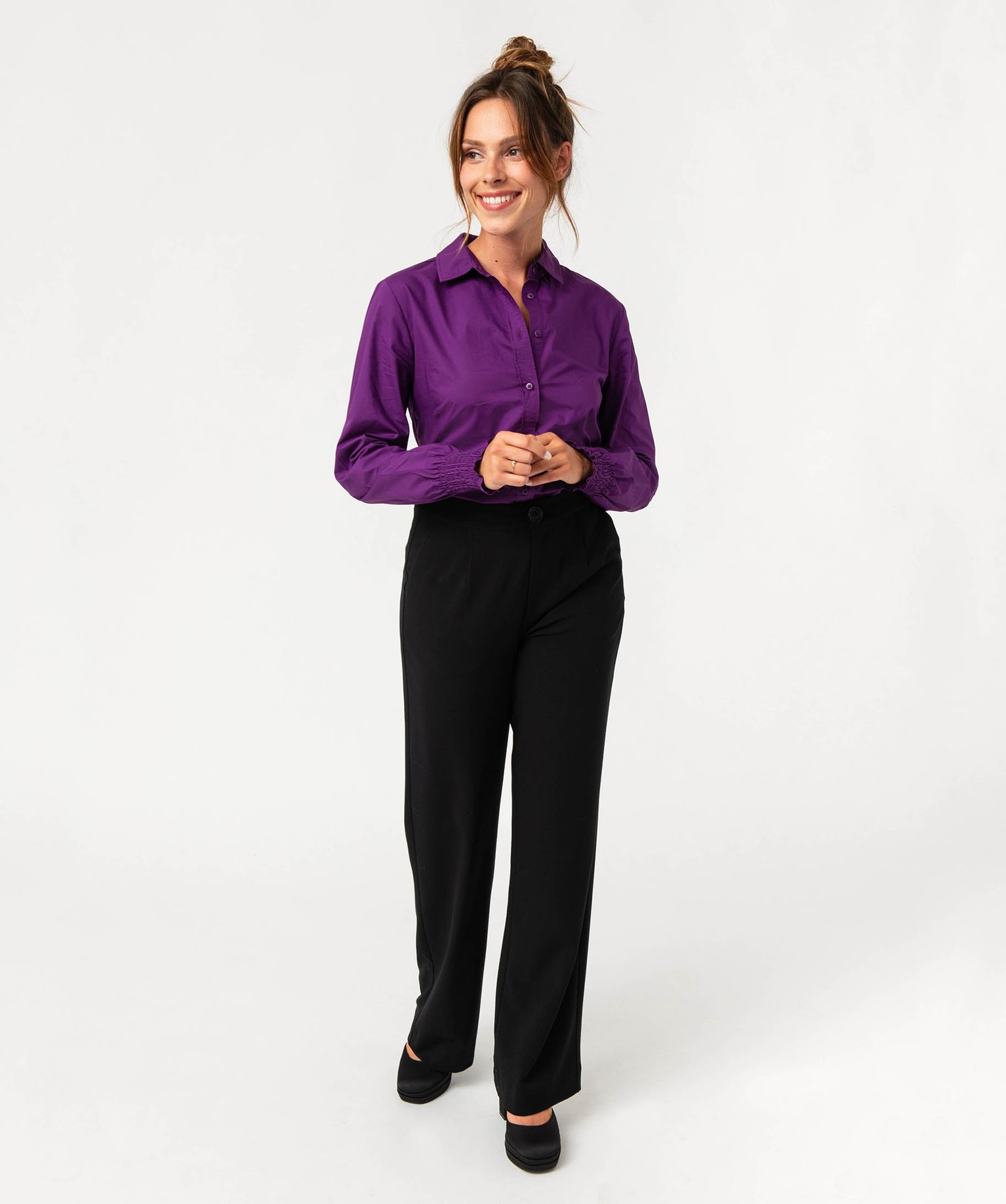 Chemise à manches longues avec poignets smockés femme violet | GEMO