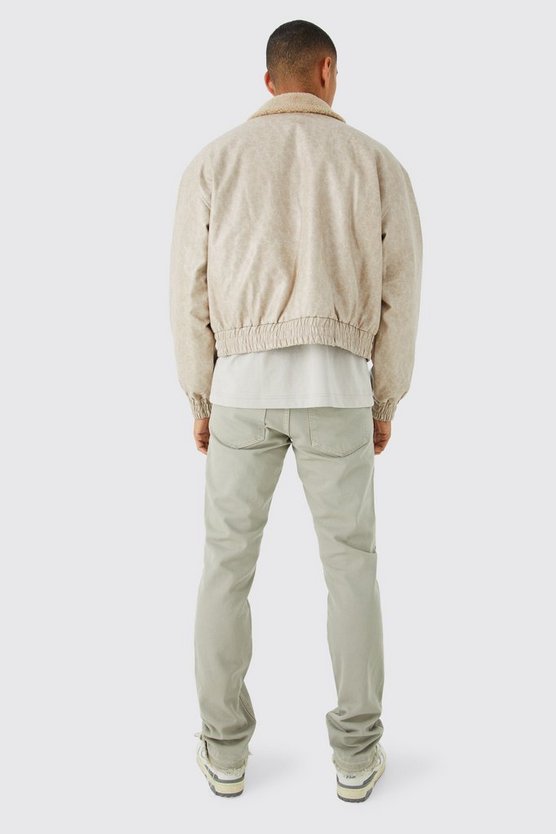Kastige PU-Fliegerjacke mit Borg-Kragen