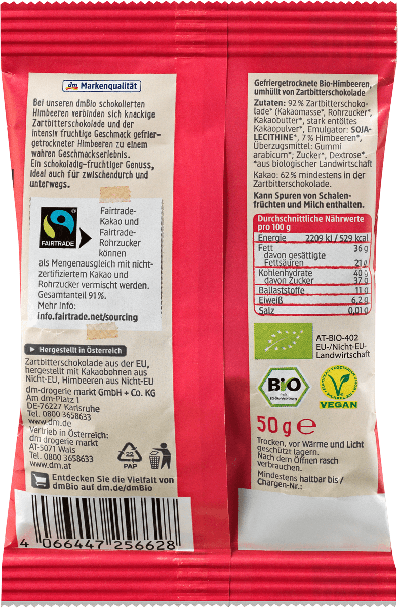 schokolierte Himbeeren in Zartbitter, 50 g