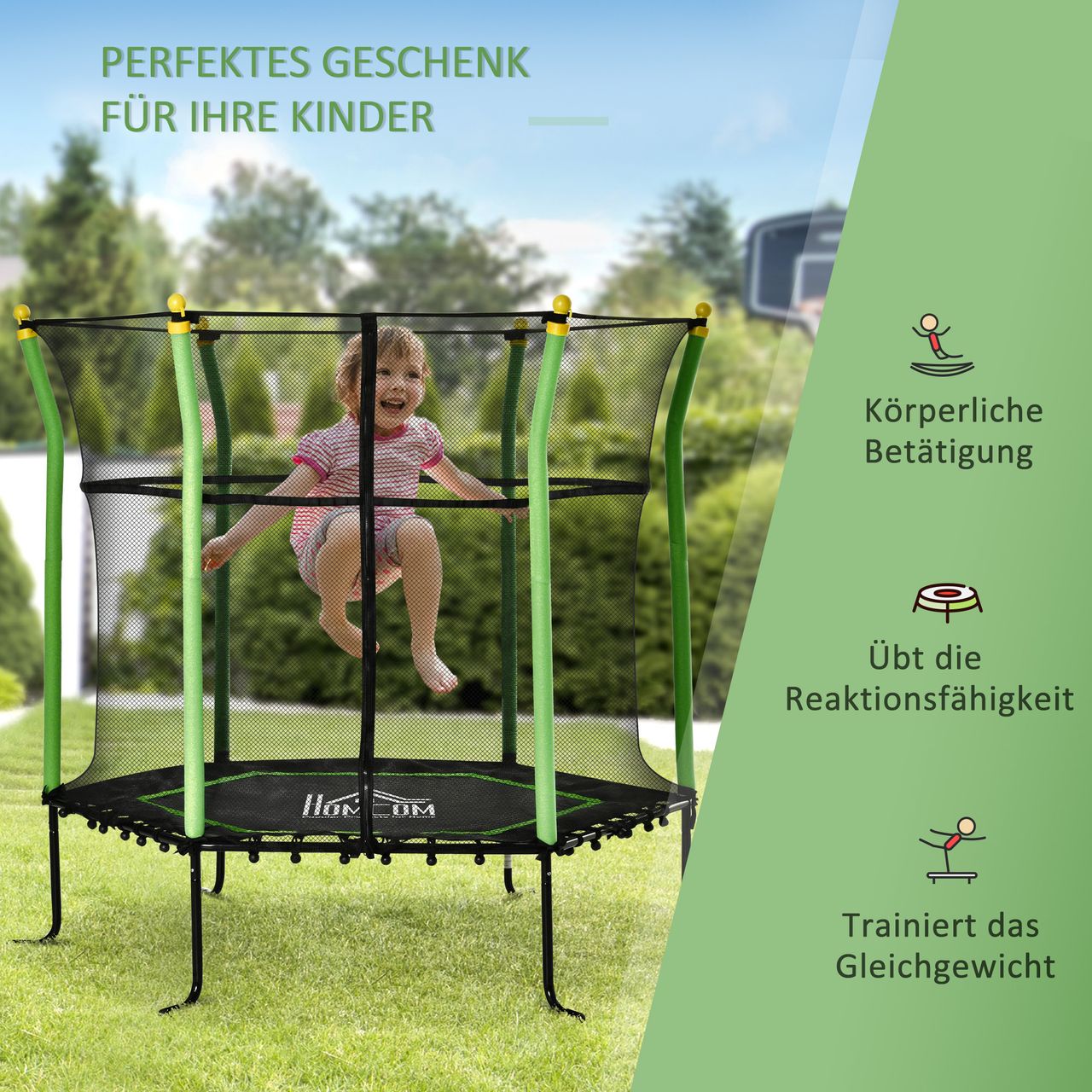 HOMCOM 5,3FT Trampolin für Kinder Gartentrampolin mit Sicherheitsnetz Randabdeckung Gummiseil gepolstert Fitness-Trampolin Mini-Trampoline mit Netz Stahl Grün 163,5H cm bis 60 kg