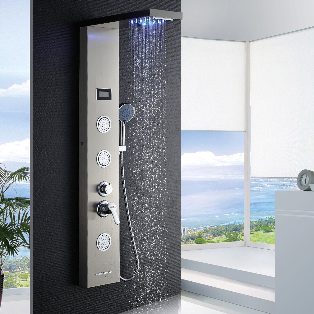 Auralum Duschsystem 5-Funktion LED Duschpaneel Badezimmer mit Dusch Duschsäule Handbrause, Edelstahl Duschset, Wassertemperatur-Display