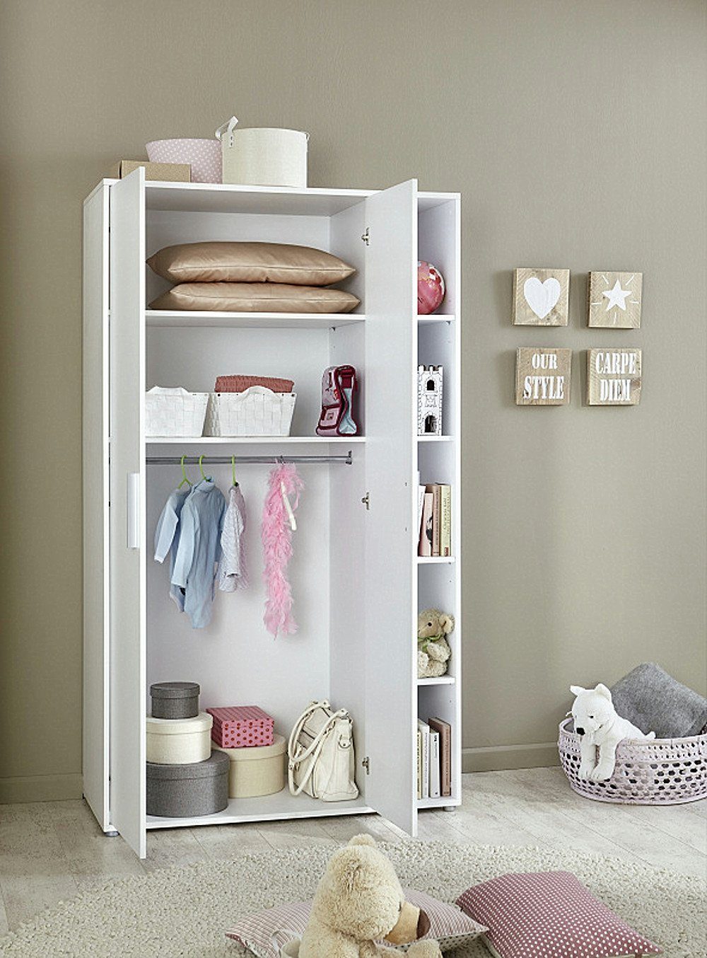 moebel-dich-auf Babyzimmer-Komplettset KIM 1, (in weiß, Babybett + Wickelkommode + Kleiderschrank), optional mit Matratze, Umbauseiten-Set oder Textil-Set