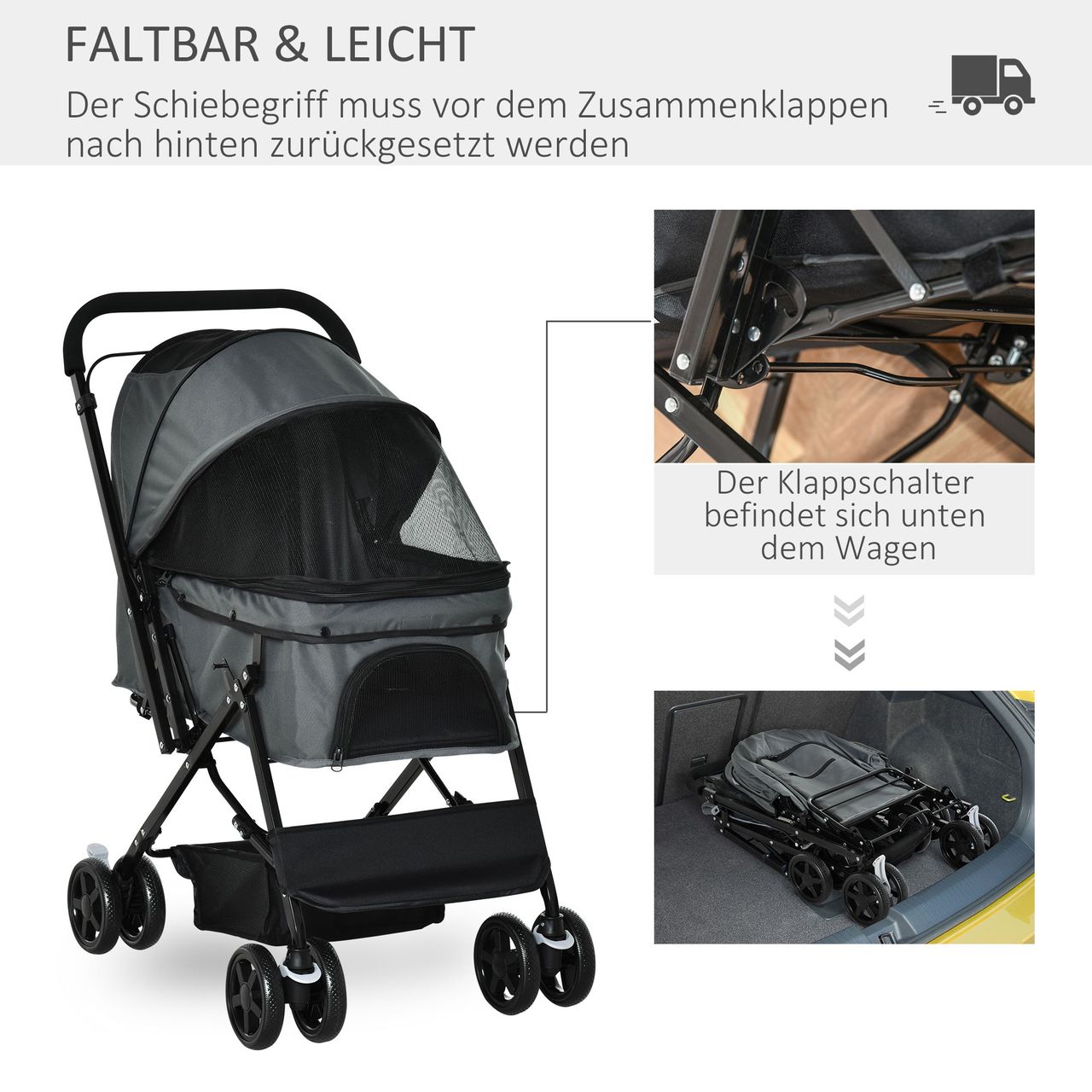 PawHut Hundebuggy Hundewagen für kleine Hunde Katzen Pet Stroller Oxford Grau