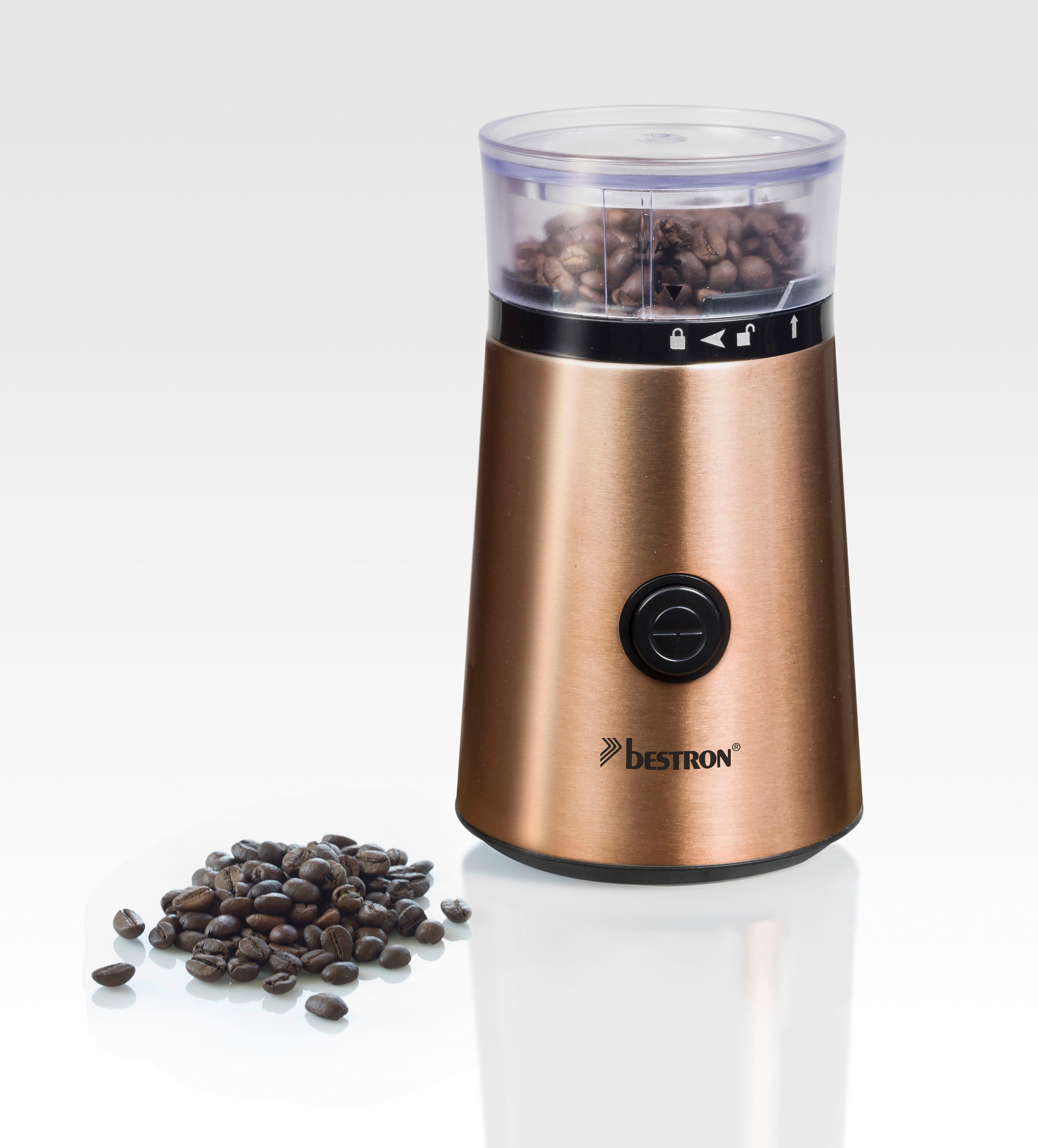 bestron Kaffeemühle ACG1000CO, 150 W, Schlagmahlwerk, 50 g Bohnenbehälter, elektrisch, mit Edelstahl-Schlagmesser, Edelstahl in Kupfer-Optik