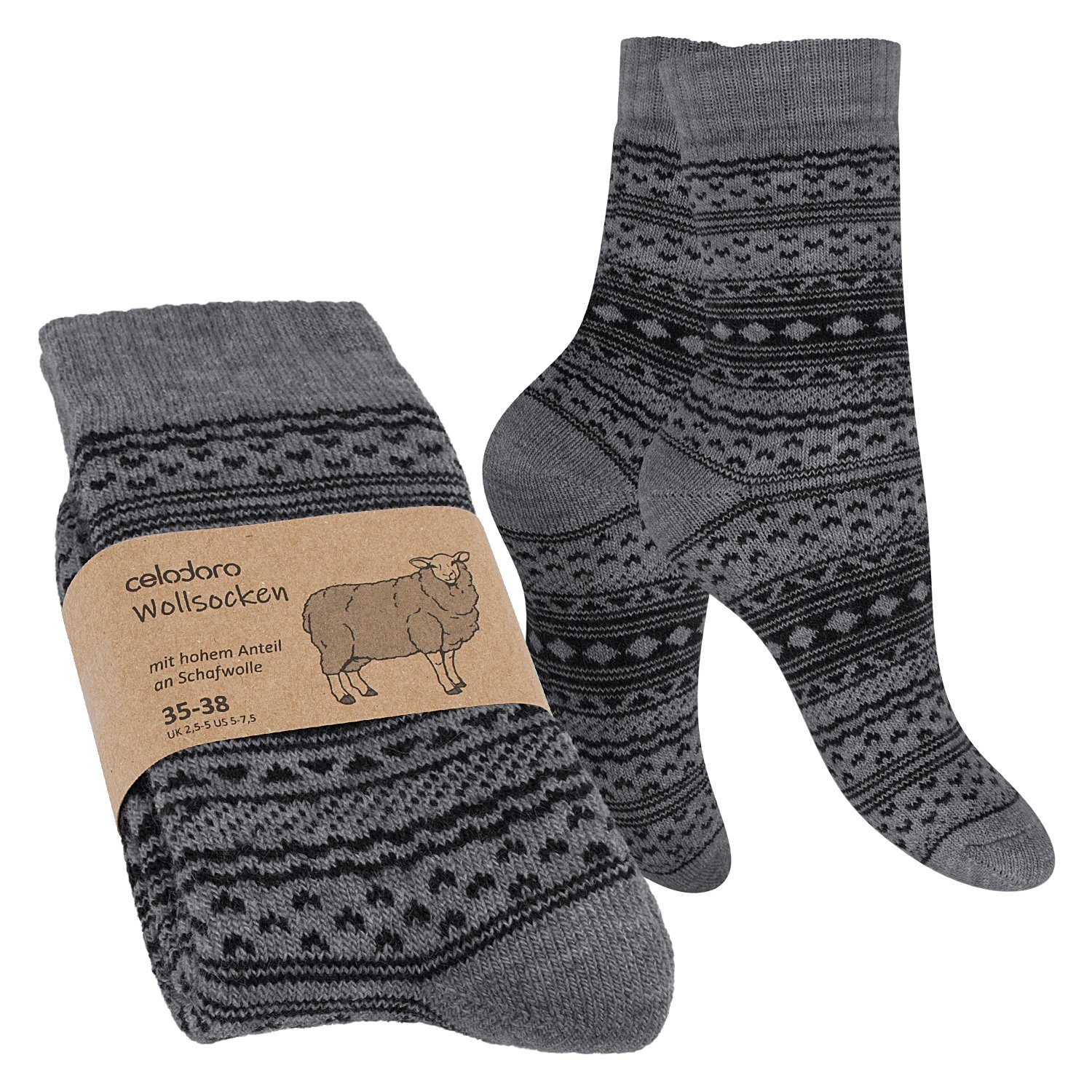 celodoro Thermosocken Damen & Herren Frottee-Wollsocken mit Muster
