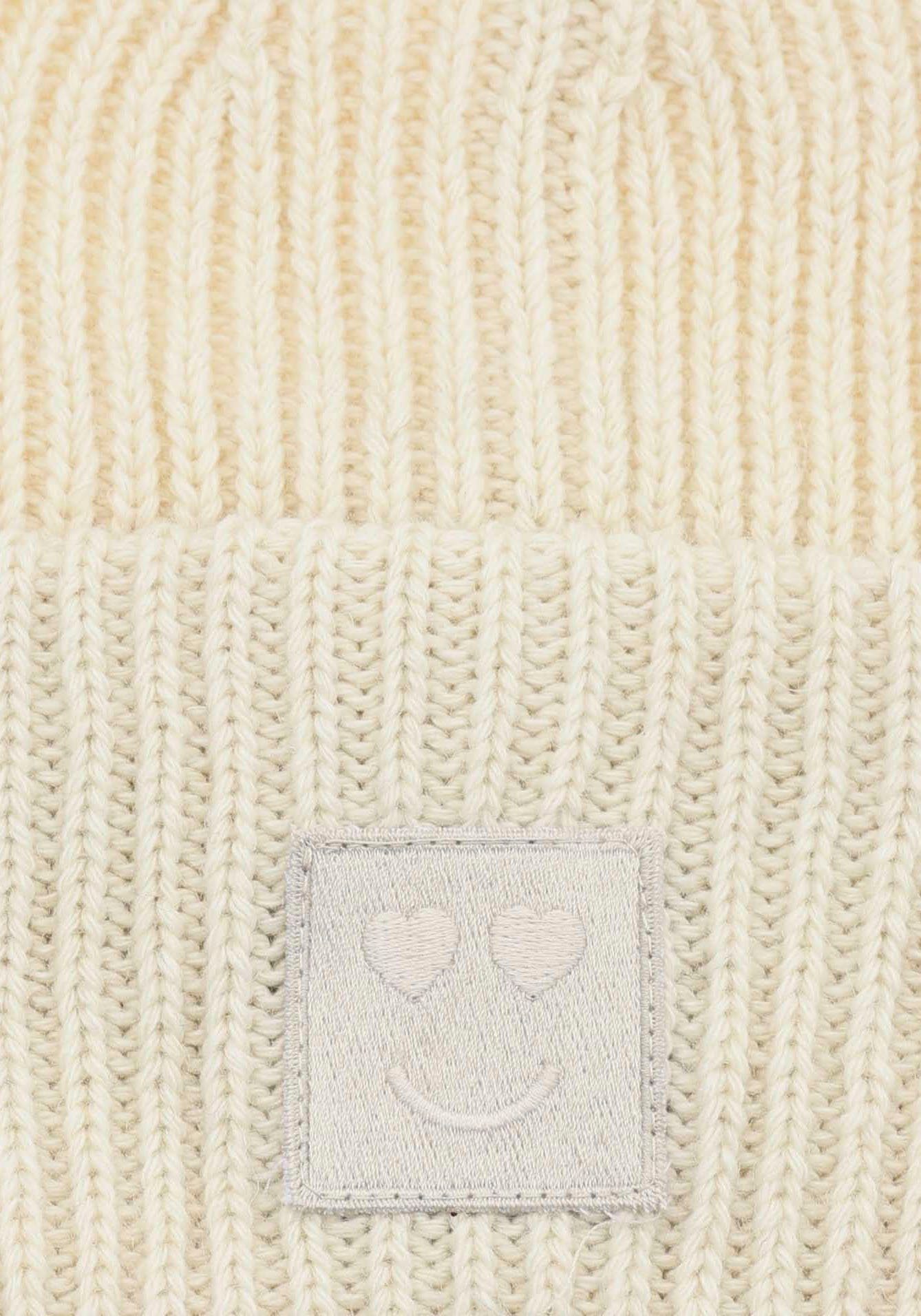 Zwillingsherz Strickmütze mit Wollanteil und Smiley-Patch
