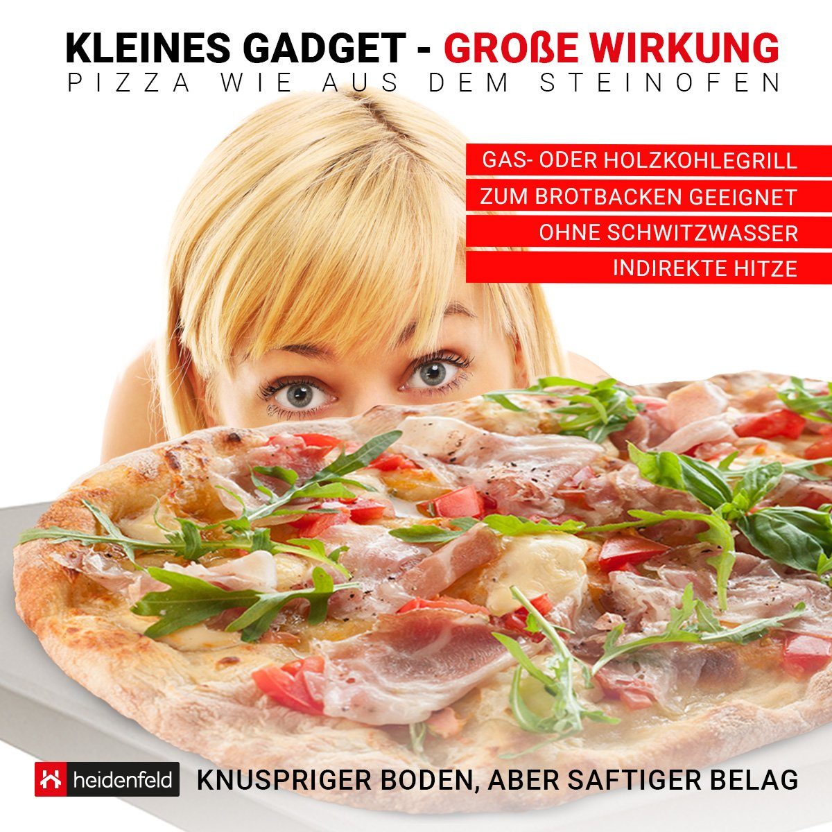 Heidenfeld Pizzastein für Backofen 38 x 30 x 1,5 cm - Deutsche Qualitätsmarke, Cordierit, (rechteckig, 1-St., rechteckig Pizzastein für Grill), Cordierit - Gasgrill - Steinplatte