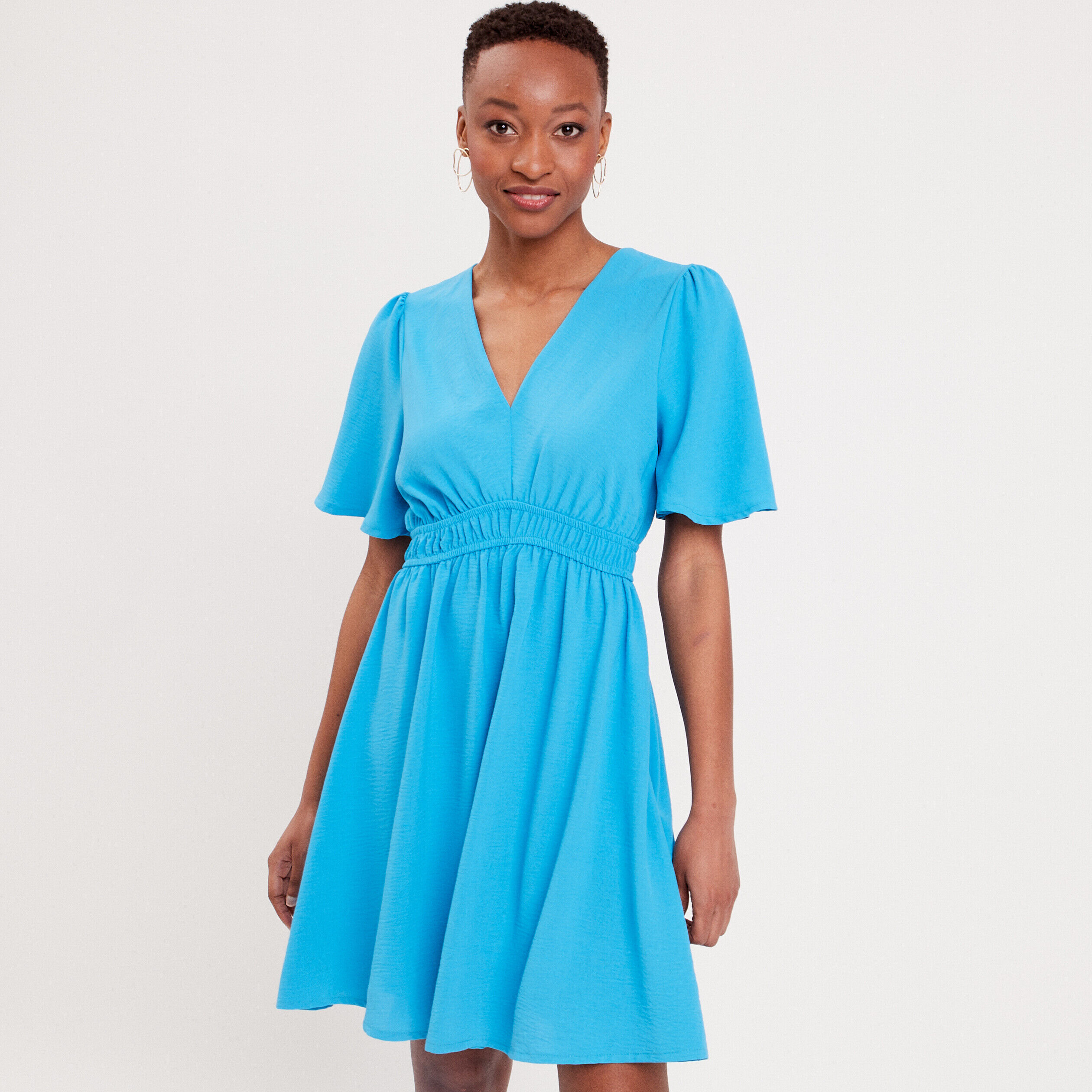 Robe évasée fluide élastiquée bleu femme | Cache Cache