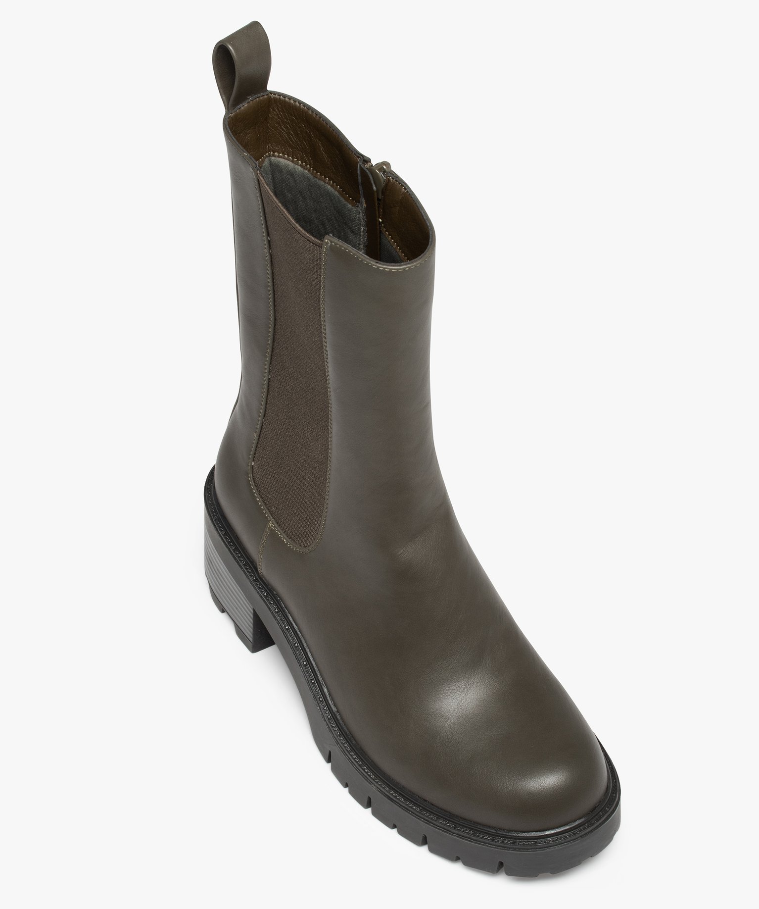 Boots femme unies à talon large et semelle crantée kaki | GEMO