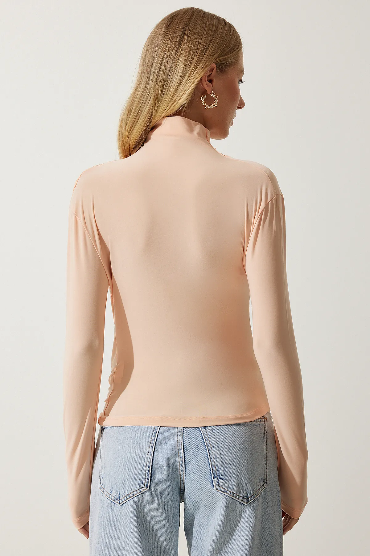 Happiness İstanbul  Sandy Bluse mit Stehkragen und Raffung für Damen in Pfirsichfarben FF00135